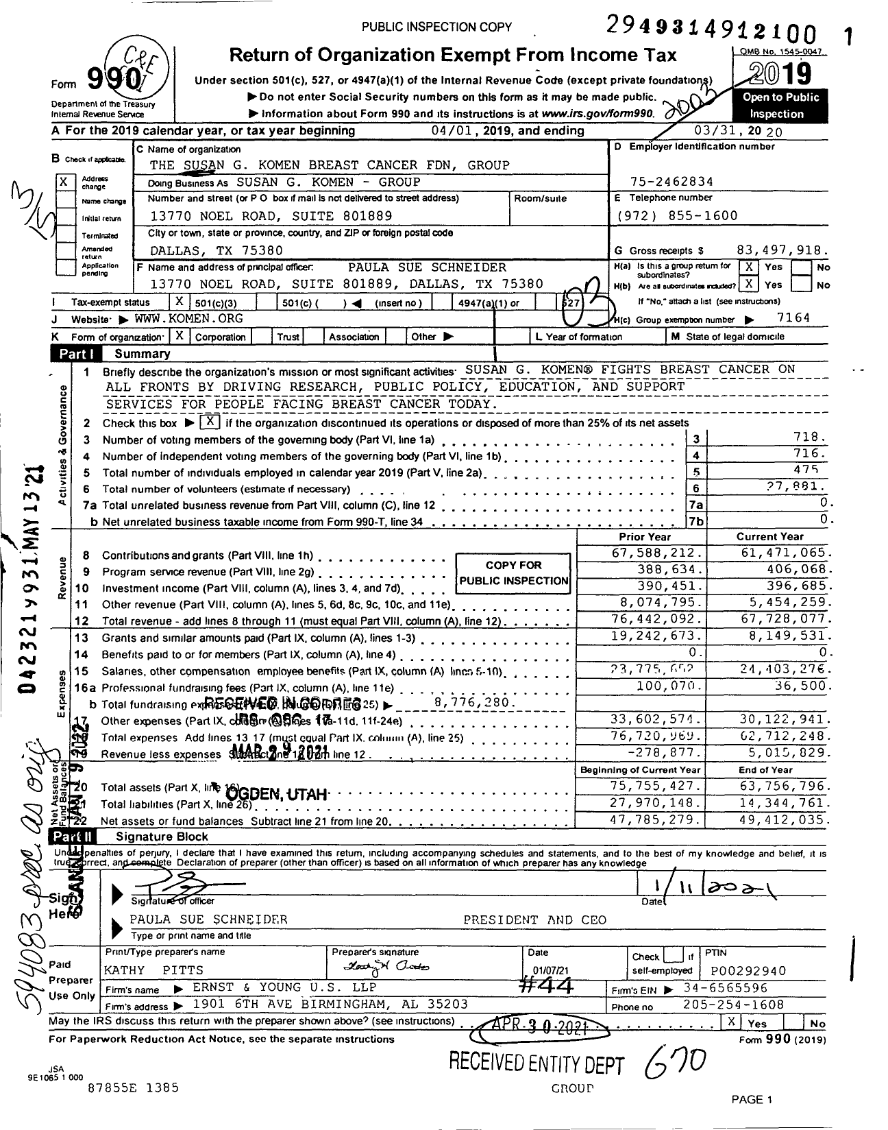 Image of first page of 2019 Form 990 for Susan G Komen Breast Cancer Foundation -- Group Return