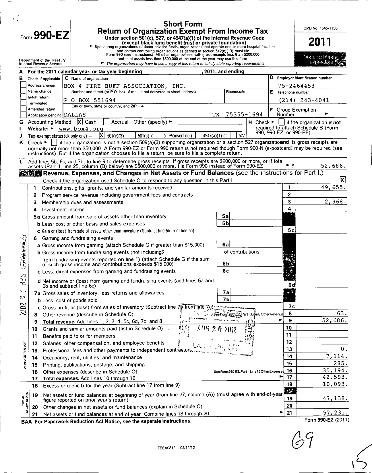 Image of first page of 2011 Form 990EZ for Box 4 Fire Buff Association