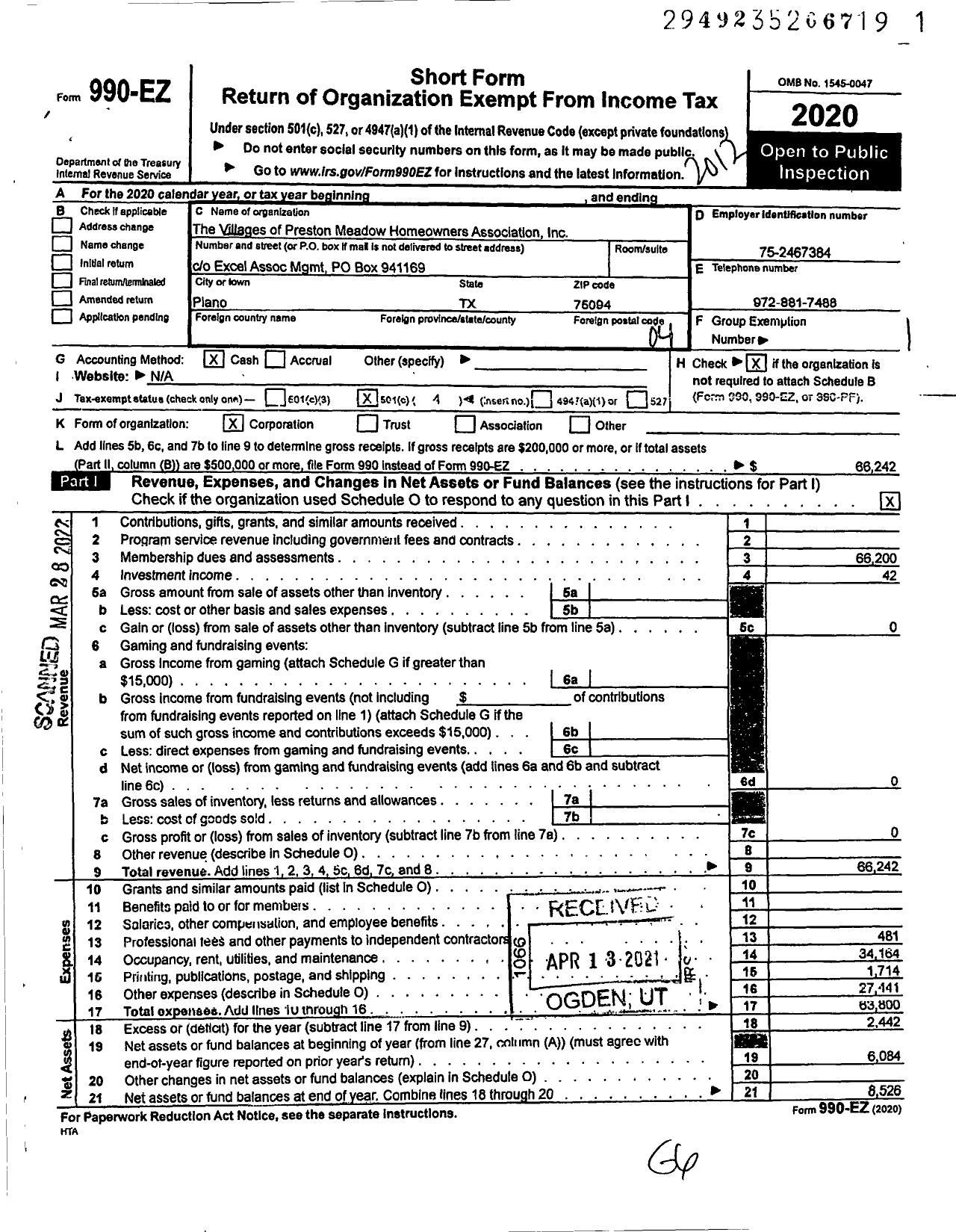 Image of first page of 2020 Form 990EO for The Villages of Preston Meadow Homeowners Association