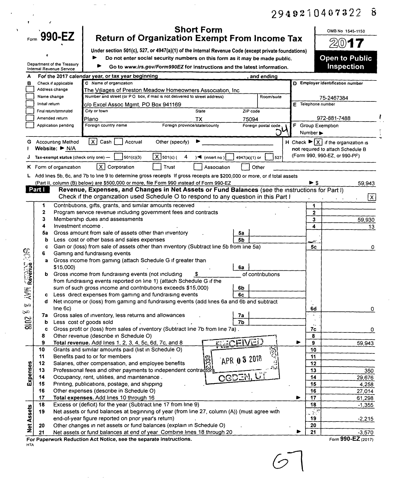 Image of first page of 2017 Form 990EO for The Villages of Preston Meadow Homeowners Association