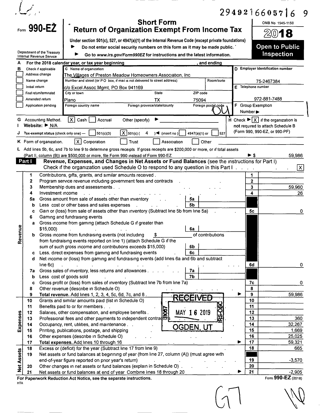 Image of first page of 2018 Form 990EO for The Villages of Preston Meadow Homeowners Association