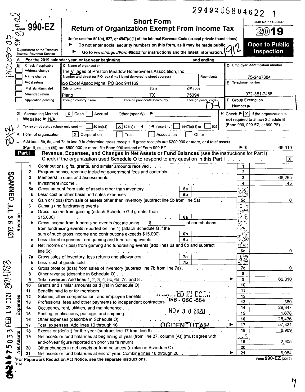 Image of first page of 2019 Form 990EO for The Villages of Preston Meadow Homeowners Association