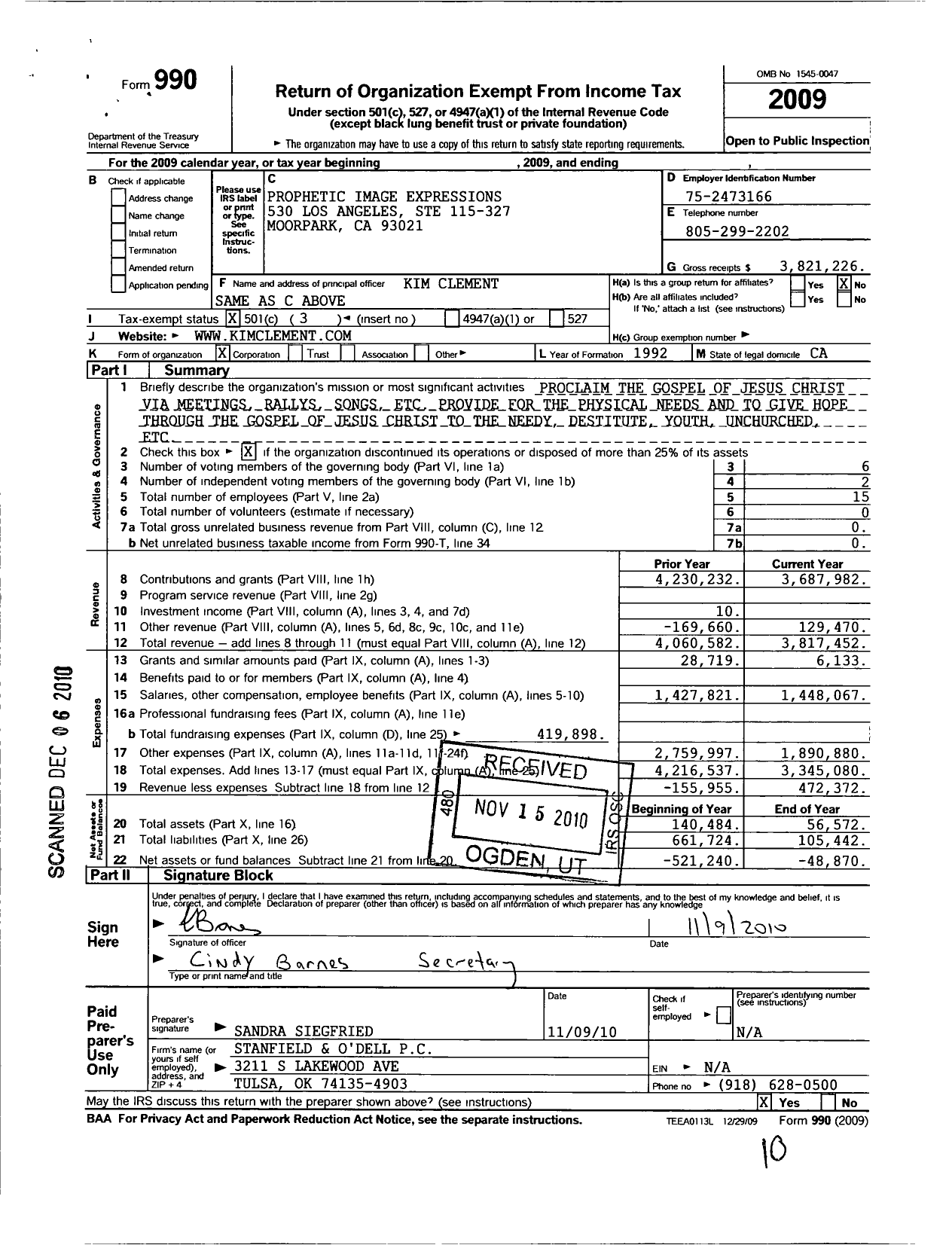 Image of first page of 2009 Form 990 for Prophetic Image Expressions