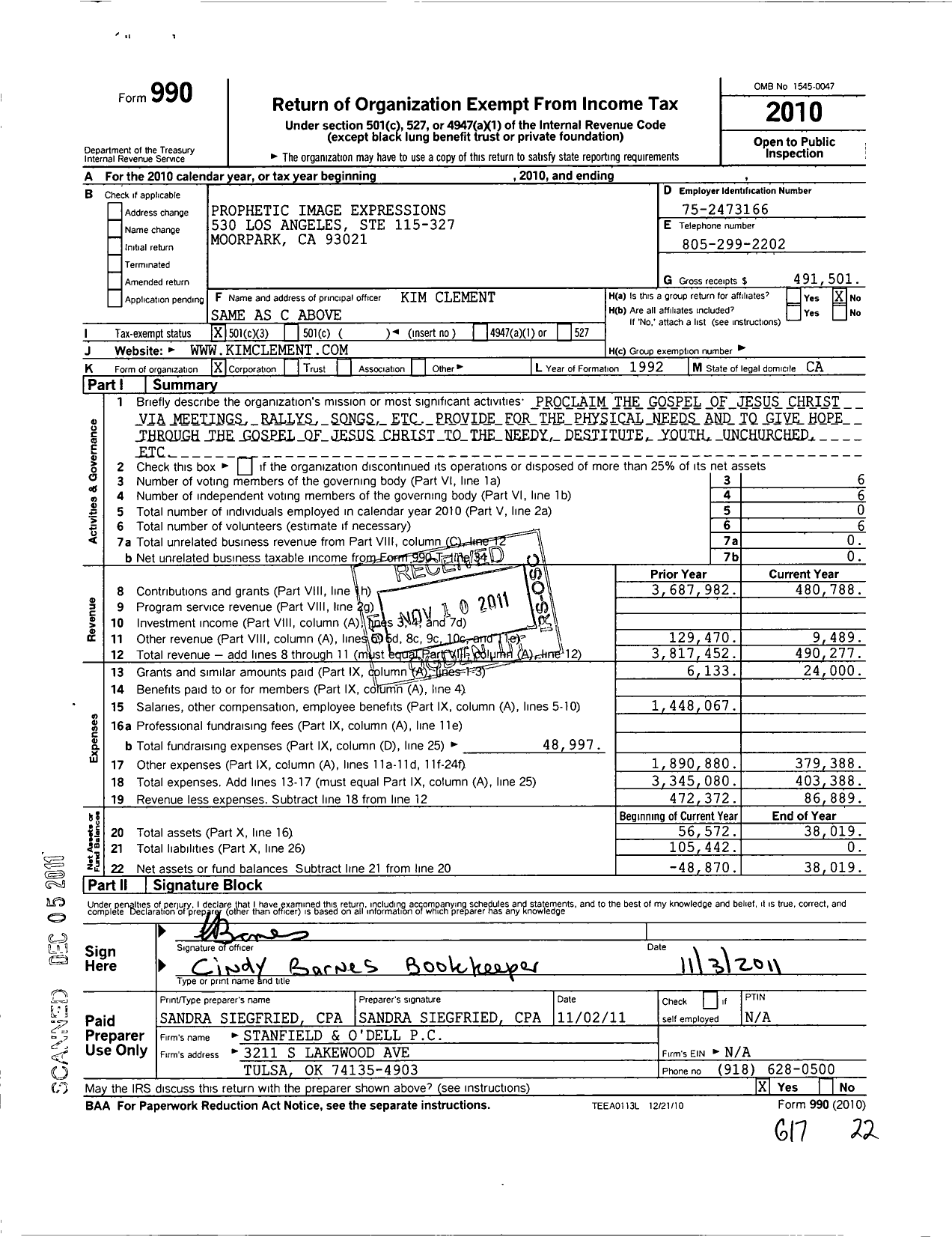 Image of first page of 2010 Form 990 for Prophetic Image Expressions