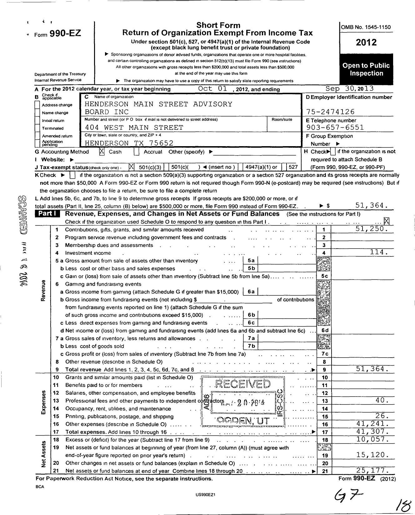 Image of first page of 2012 Form 990EZ for Henderson Main Street Advisory Board