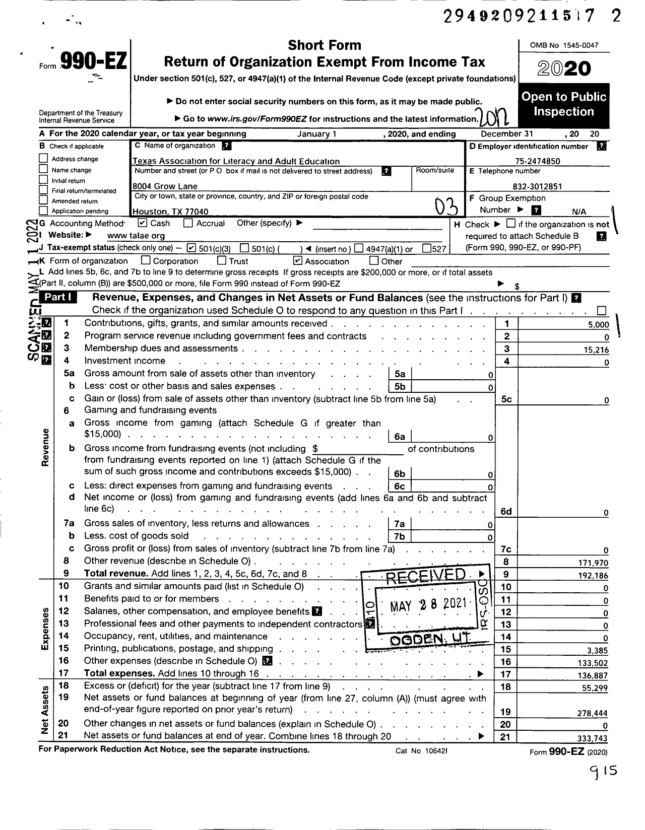 Image of first page of 2020 Form 990EZ for Texas Association for Literacy and Adult Education