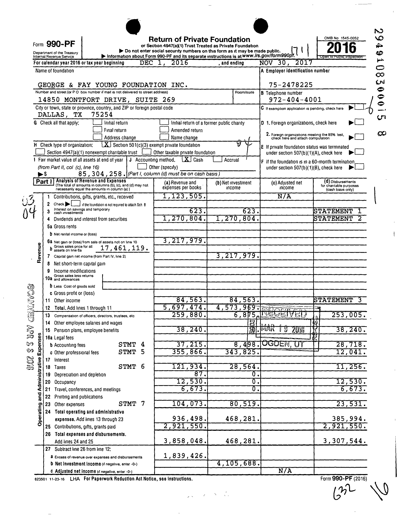 Image of first page of 2016 Form 990PF for George and Fay Young Foundation (GFYF)