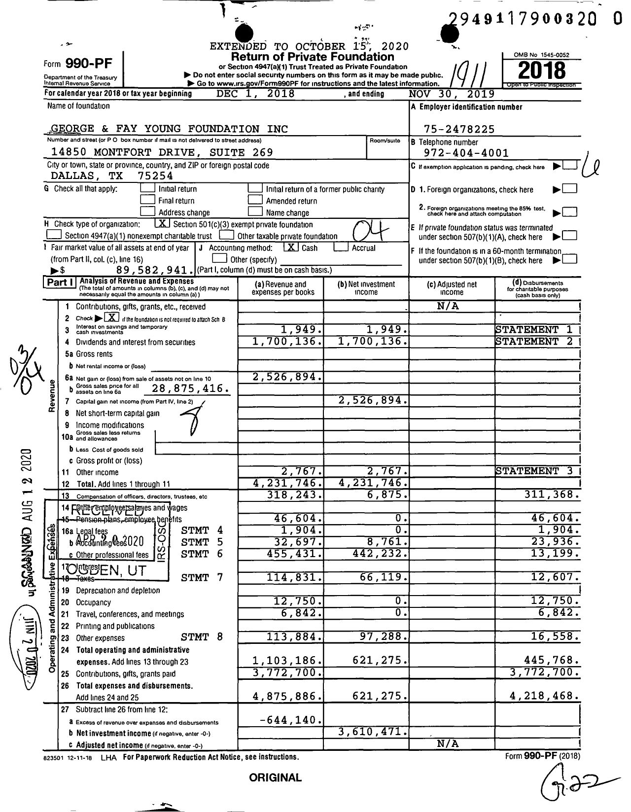 Image of first page of 2018 Form 990PR for George and Fay Young Foundation (GFYF)