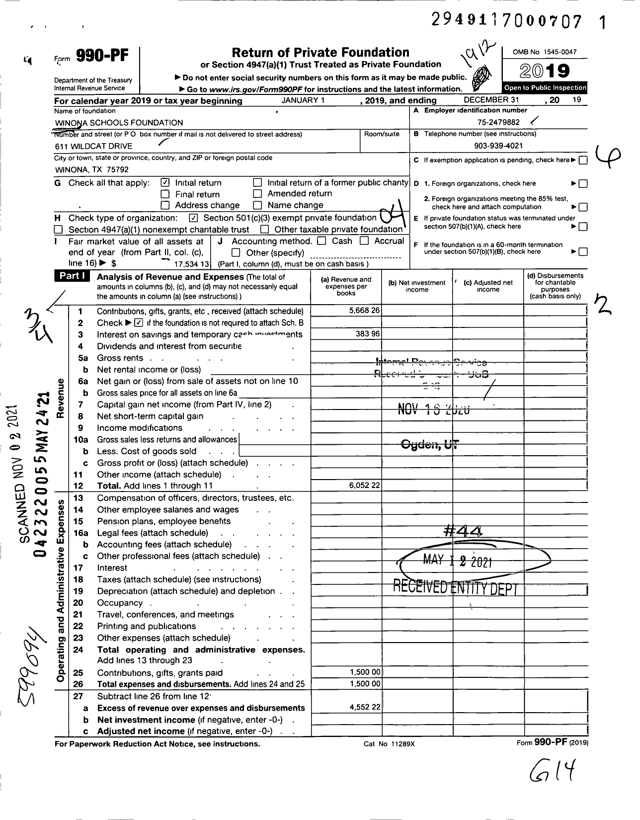 Image of first page of 2019 Form 990PF for Winona Schools Foundation