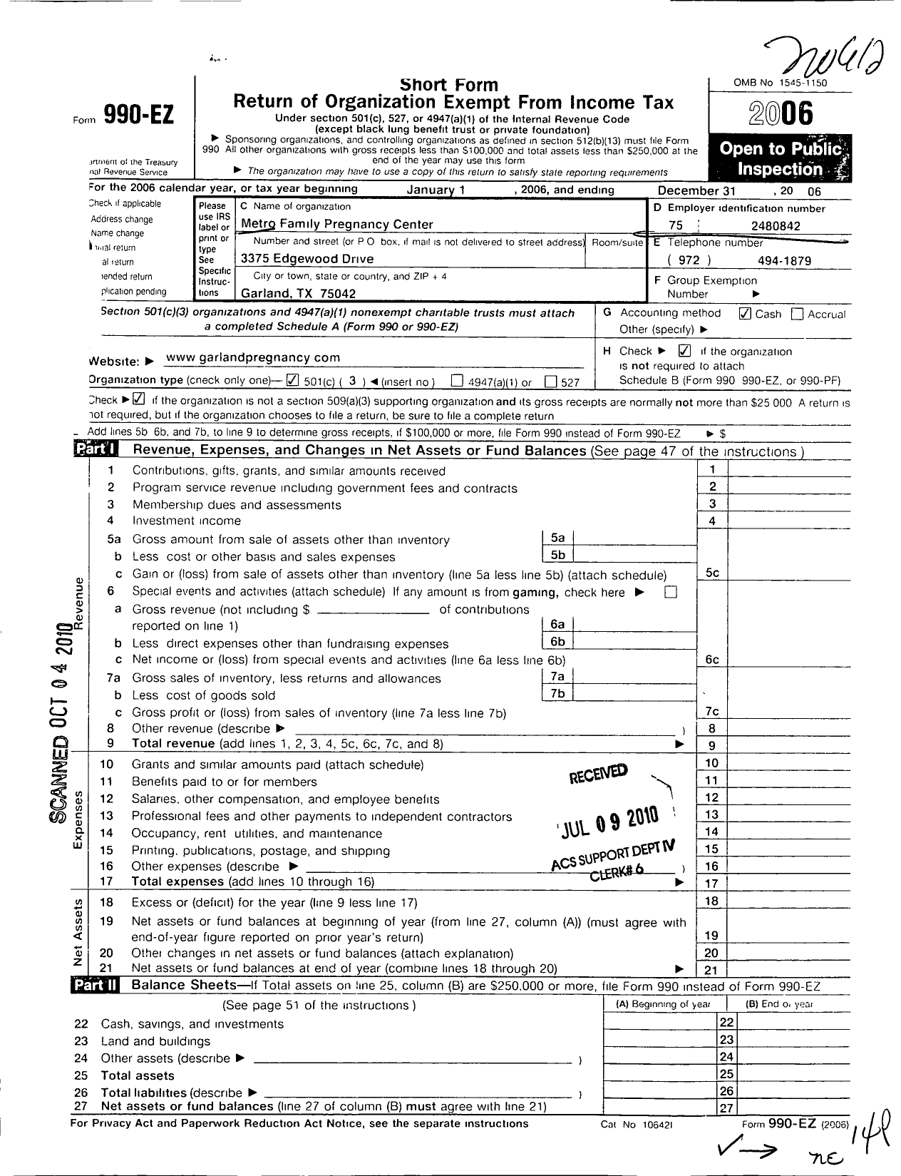 Image of first page of 2006 Form 990EZ for Metro Family Pregnancy Center