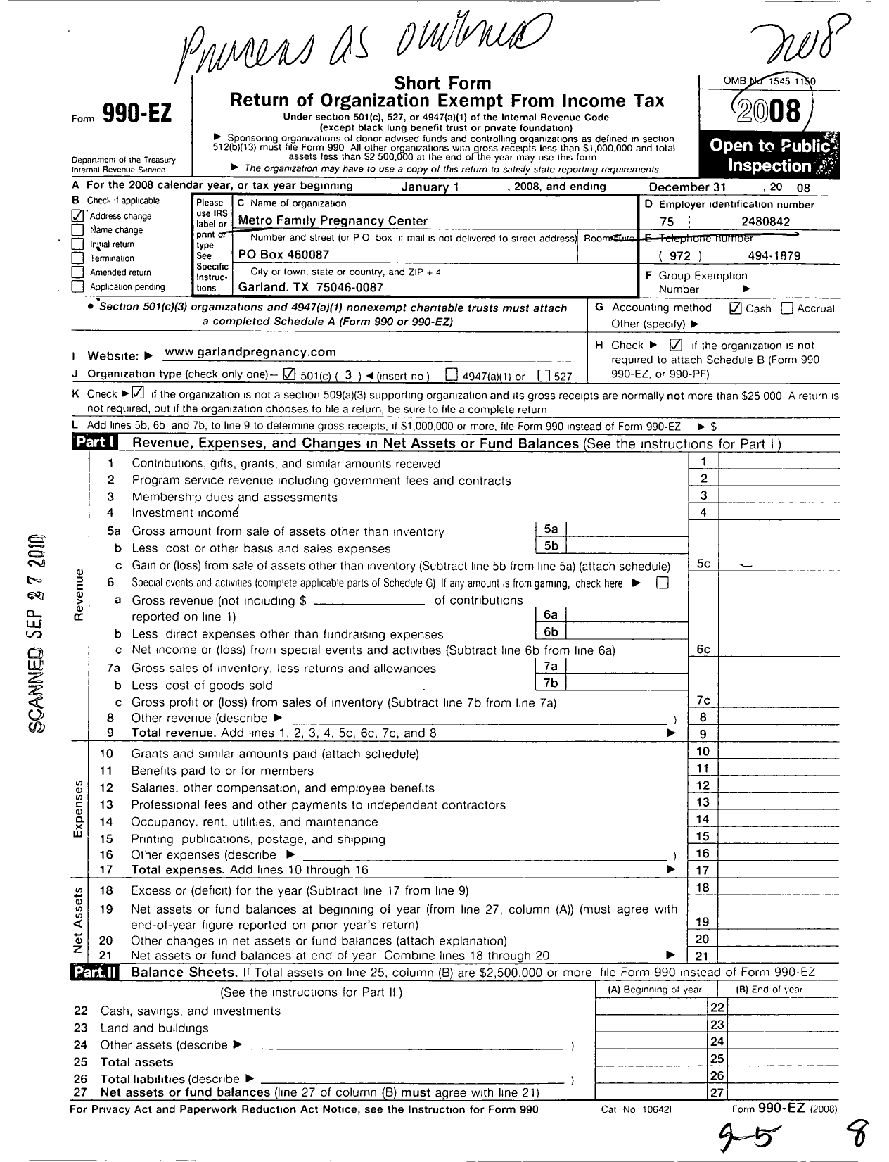 Image of first page of 2008 Form 990EZ for Metro Family Pregnancy Center