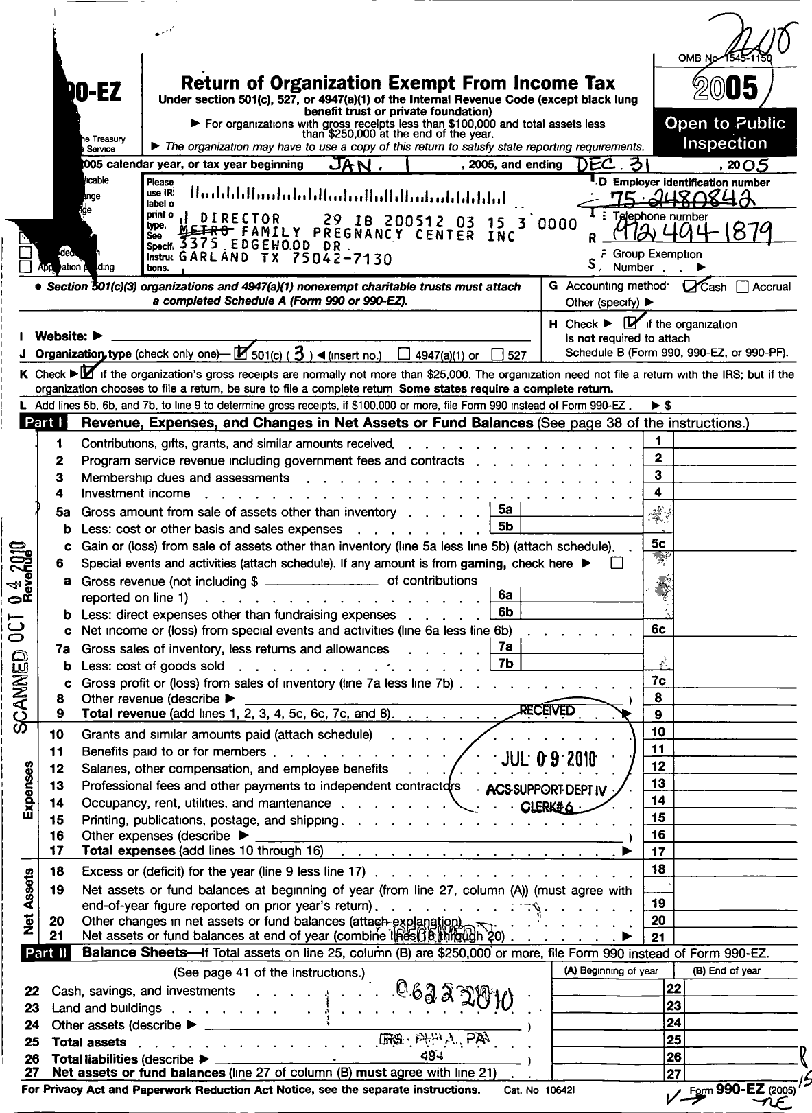 Image of first page of 2005 Form 990EZ for Metro Family Pregnancy Center