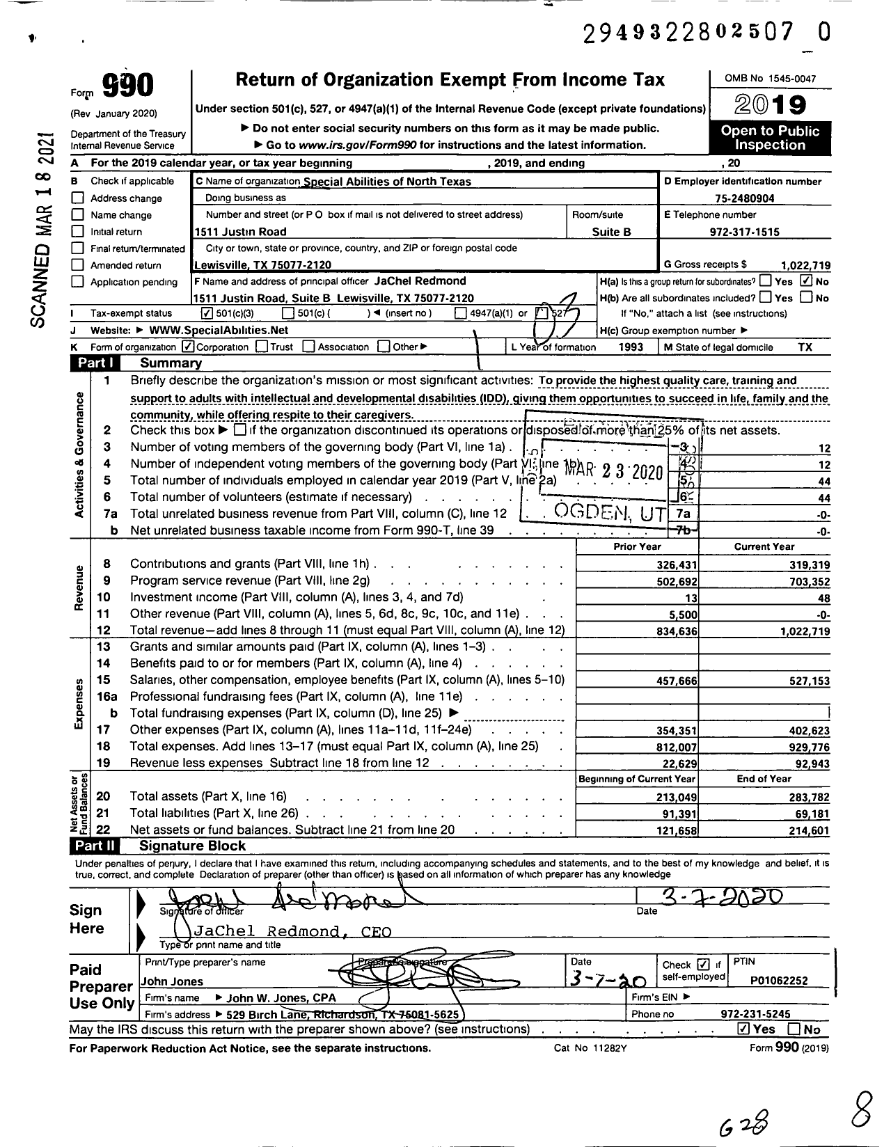 Image of first page of 2019 Form 990 for Special Abilities of North Texas