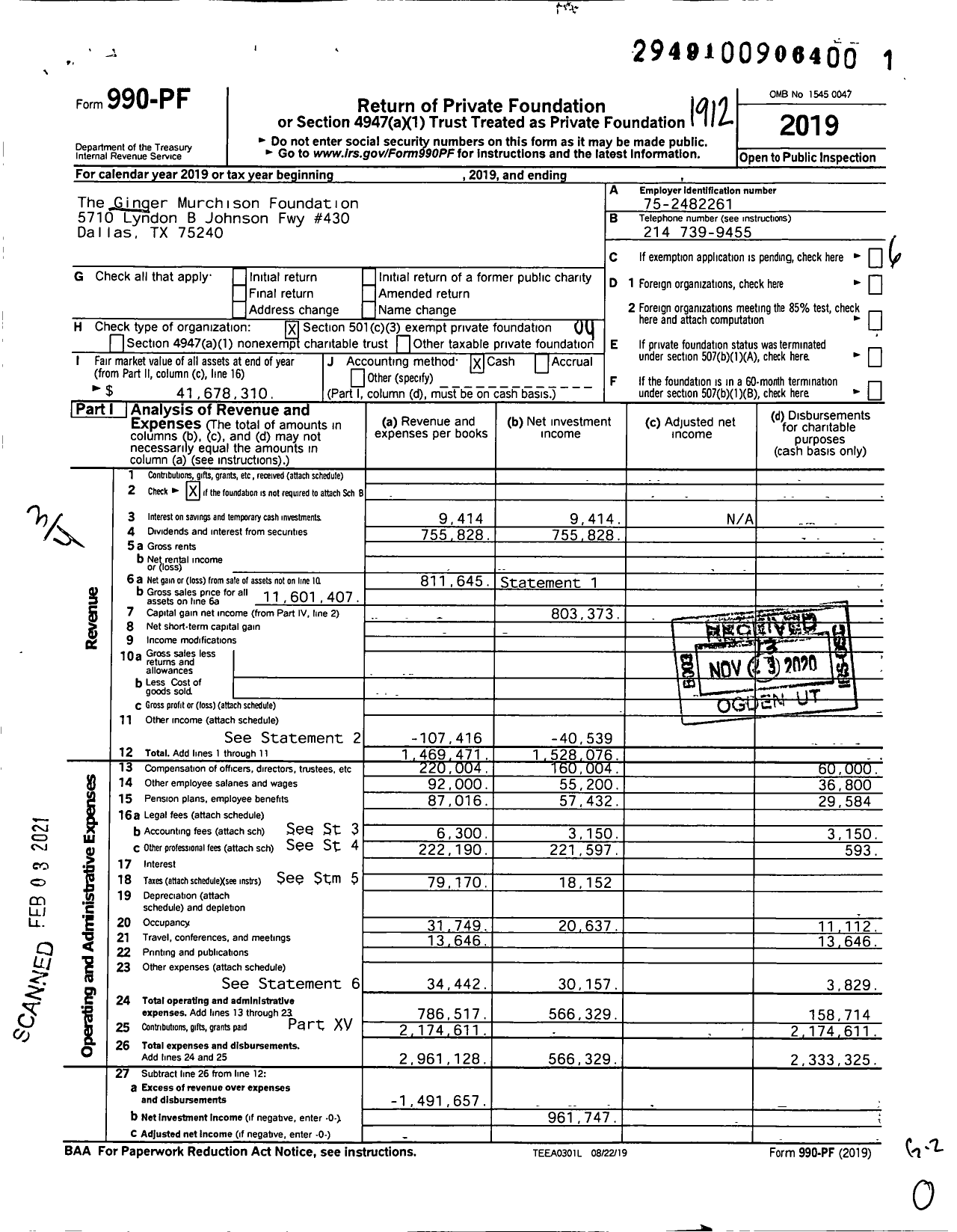 Image of first page of 2019 Form 990PF for Ginger Murchison Foundation