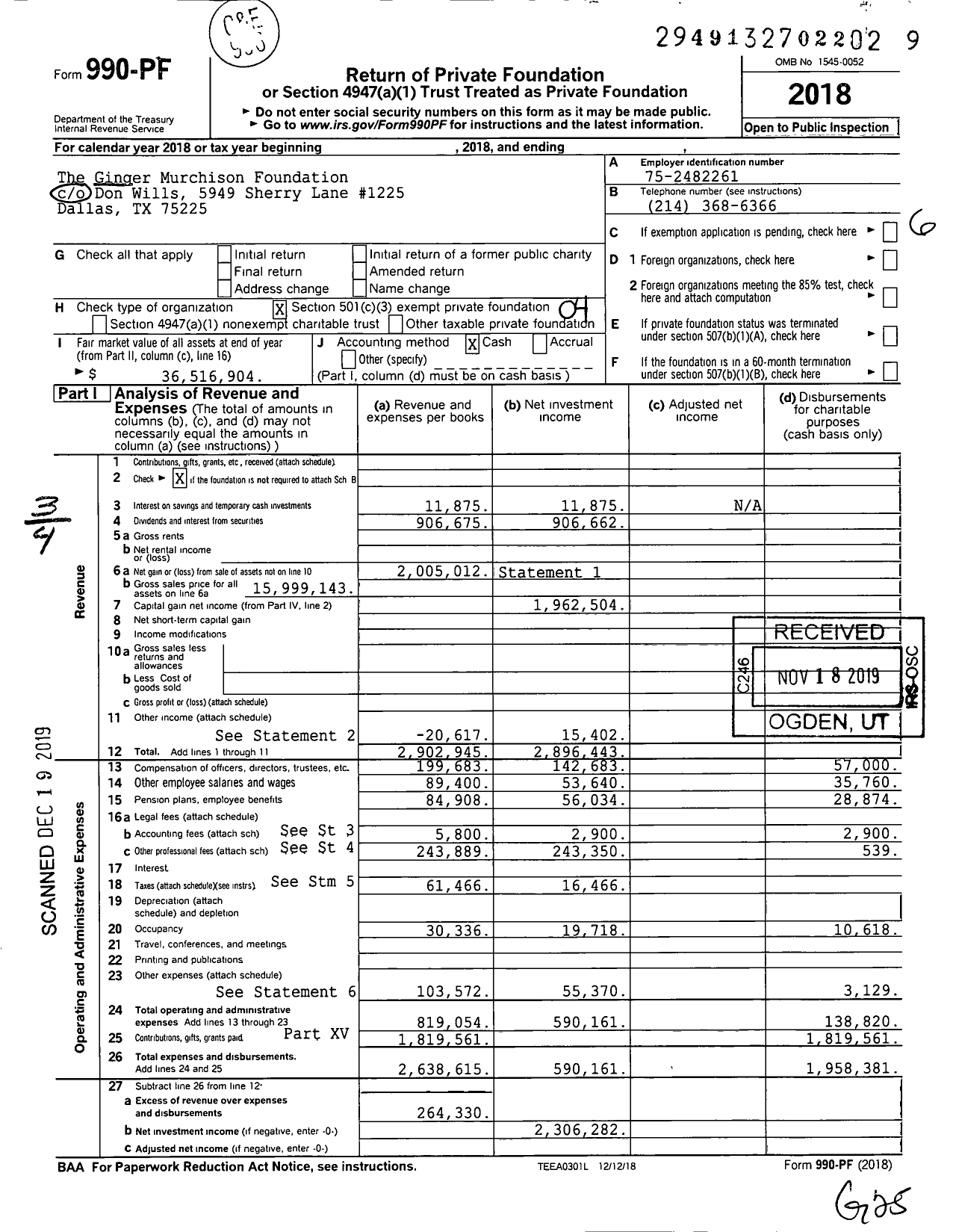 Image of first page of 2018 Form 990PF for Ginger Murchison Foundation