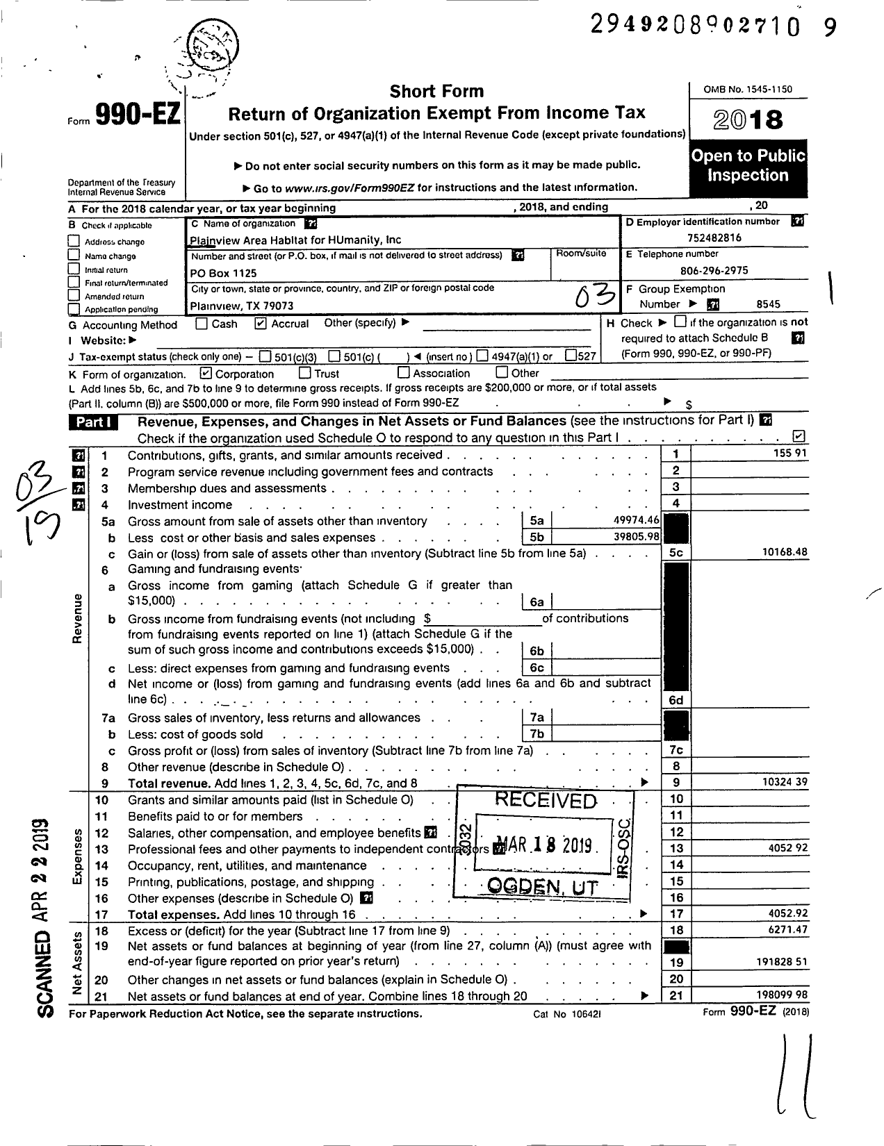 Image of first page of 2018 Form 990EZ for Plainview Area Habitat for Humanity