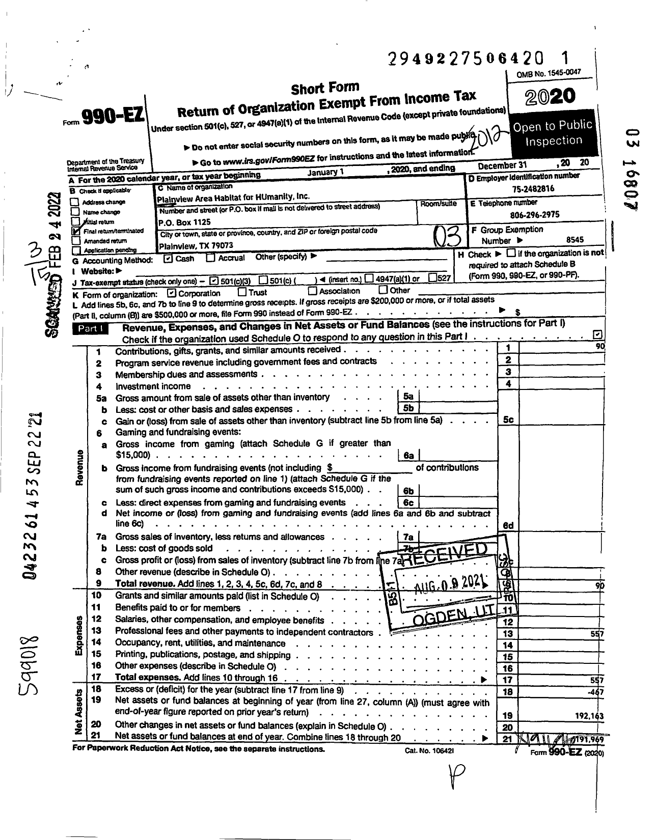 Image of first page of 2020 Form 990EZ for Plainview Area Habitat for Humanity