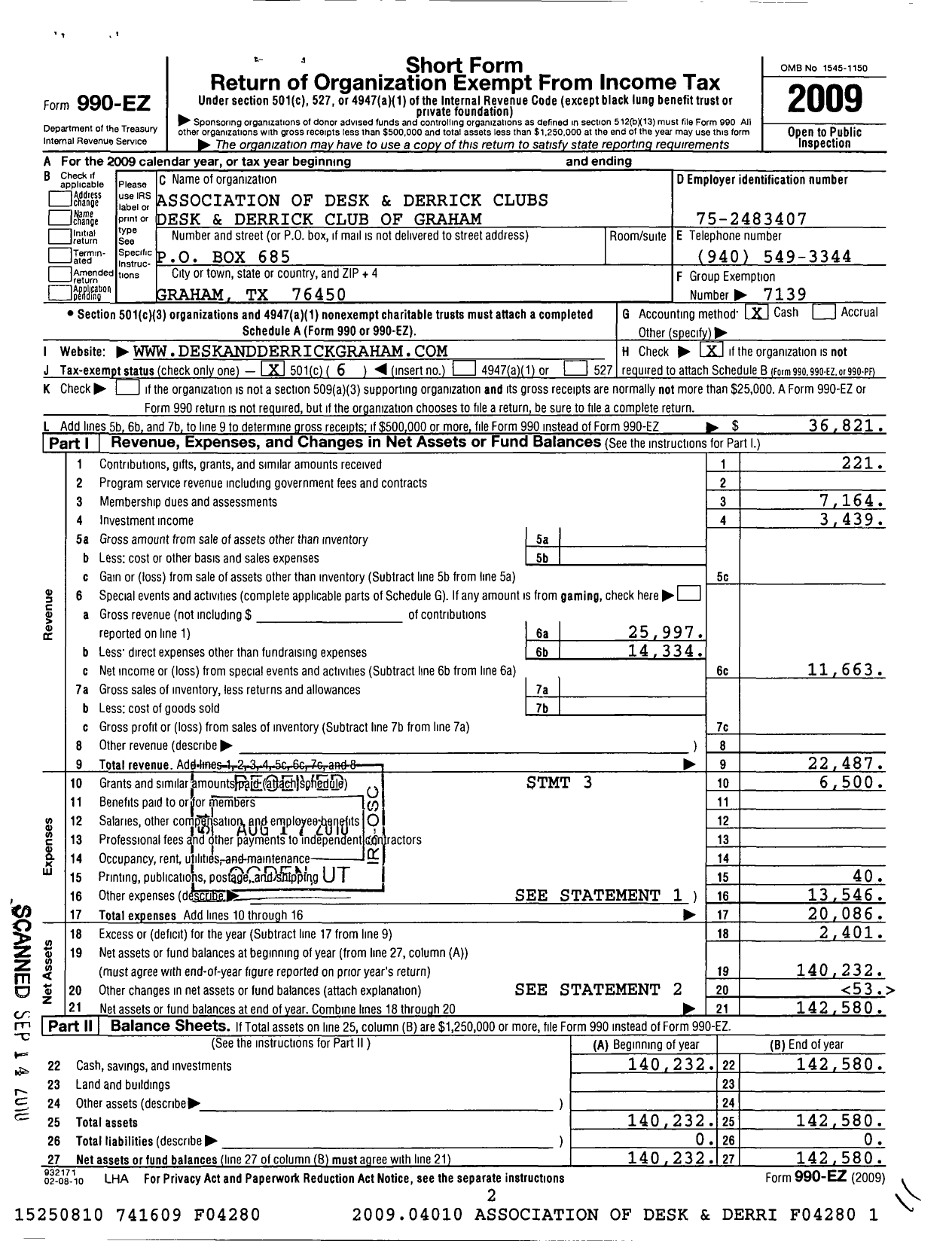 Image of first page of 2009 Form 990EO for Association of Desk and Derrick Clubs / Graham