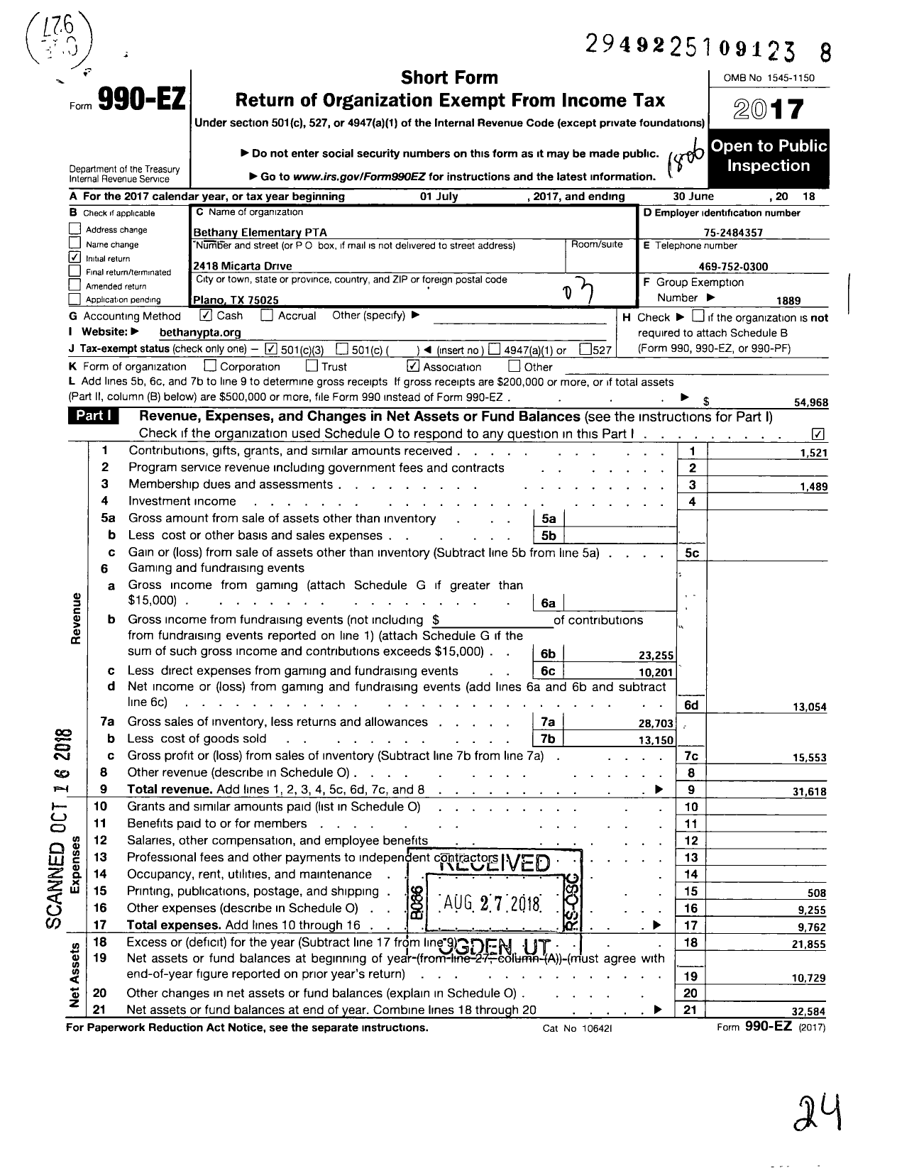 Image of first page of 2017 Form 990EZ for Texas PTA - 7417 Bethany Elementary