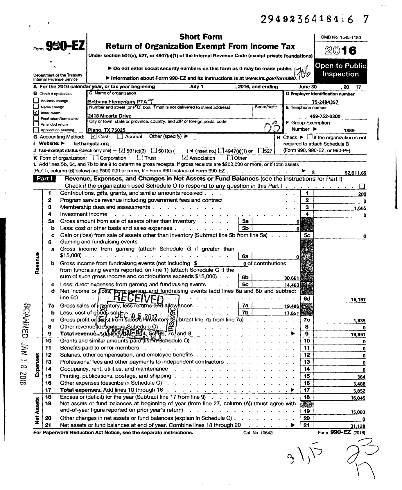 Image of first page of 2016 Form 990EZ for Texas PTA - 7417 Bethany Elementary