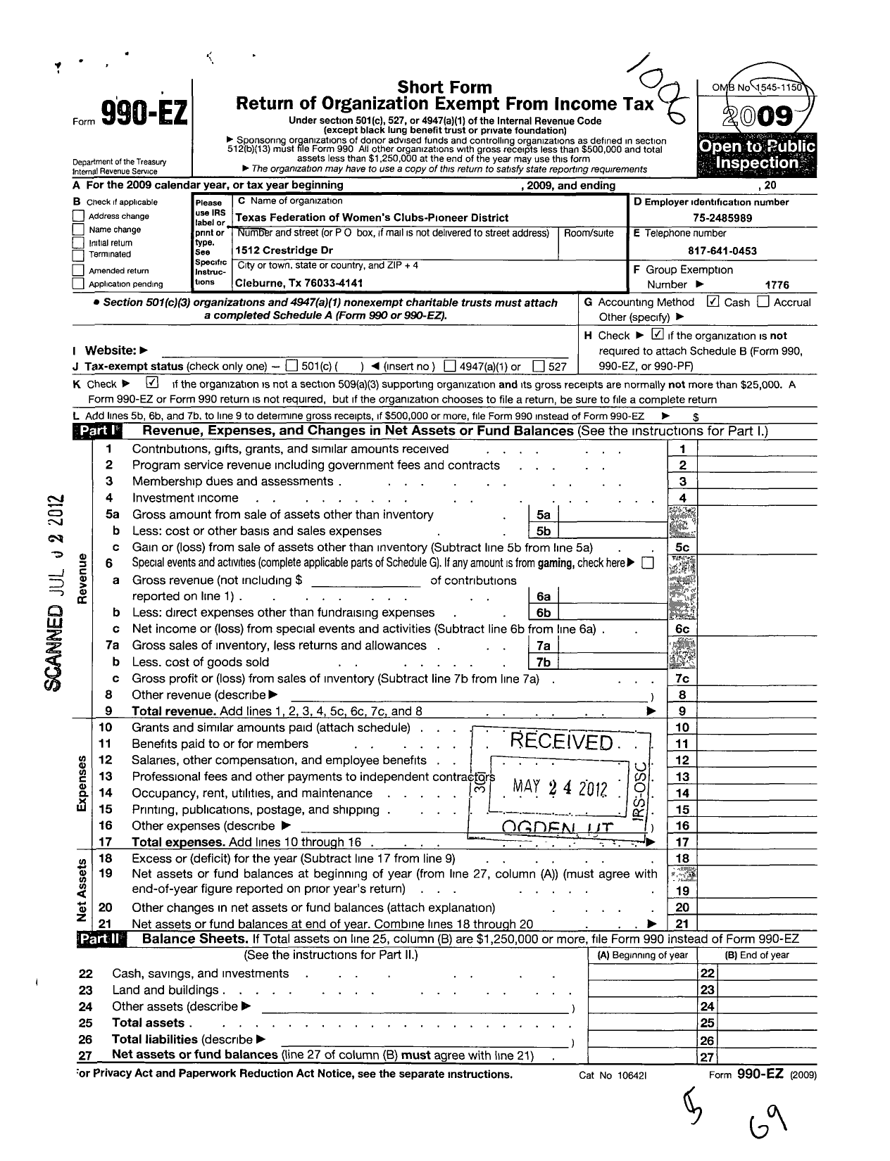 Image of first page of 2009 Form 990EO for Texas Federation of Womens Clubs / Pioneer District