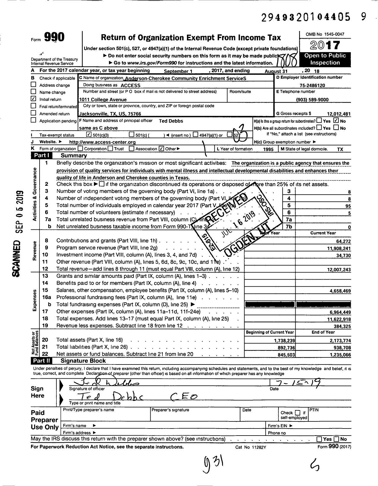 Image of first page of 2017 Form 990 for Anderson-Cherokee Community Enrichment ServiceS ACCESS