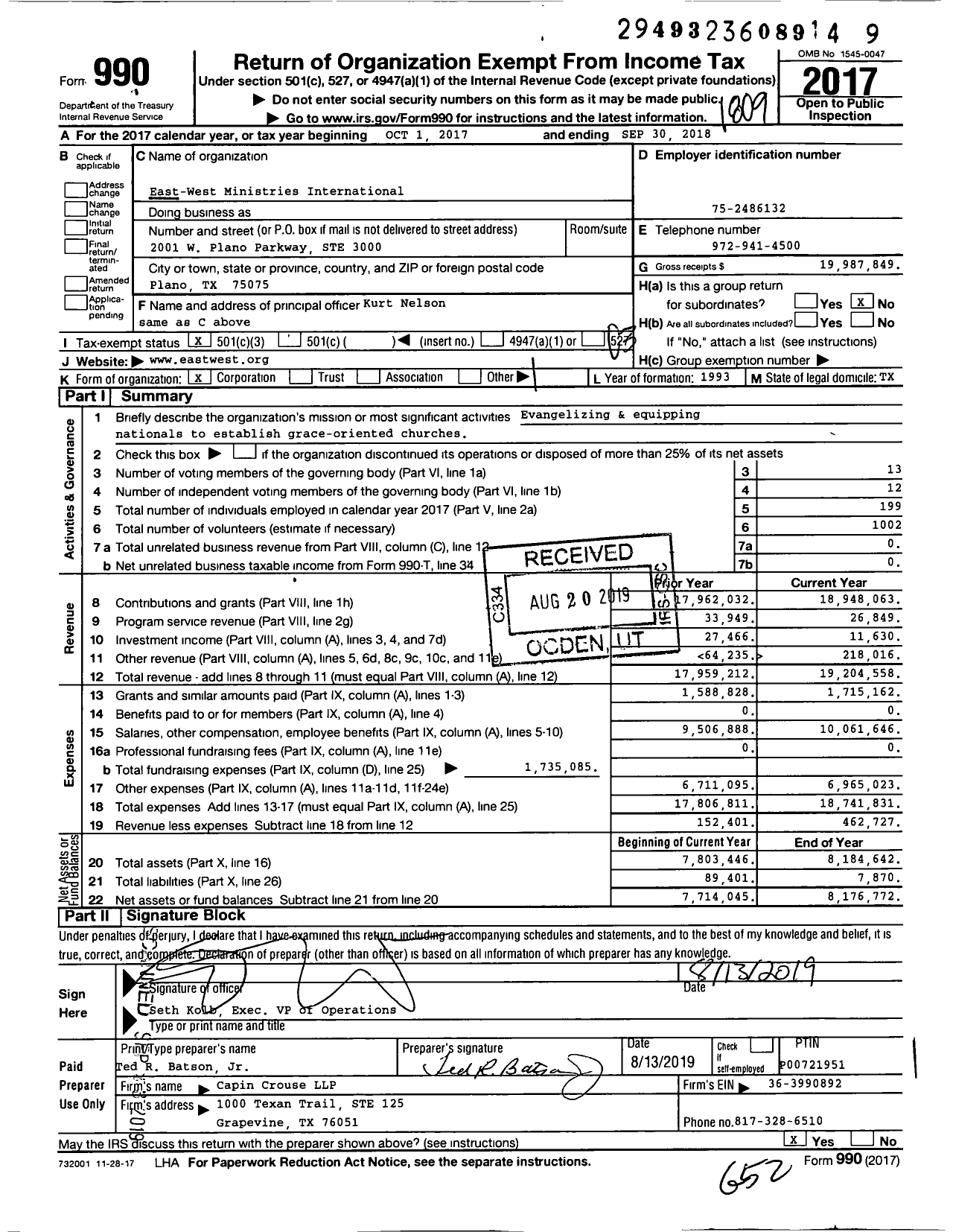 Image of first page of 2017 Form 990 for East-West Ministries International