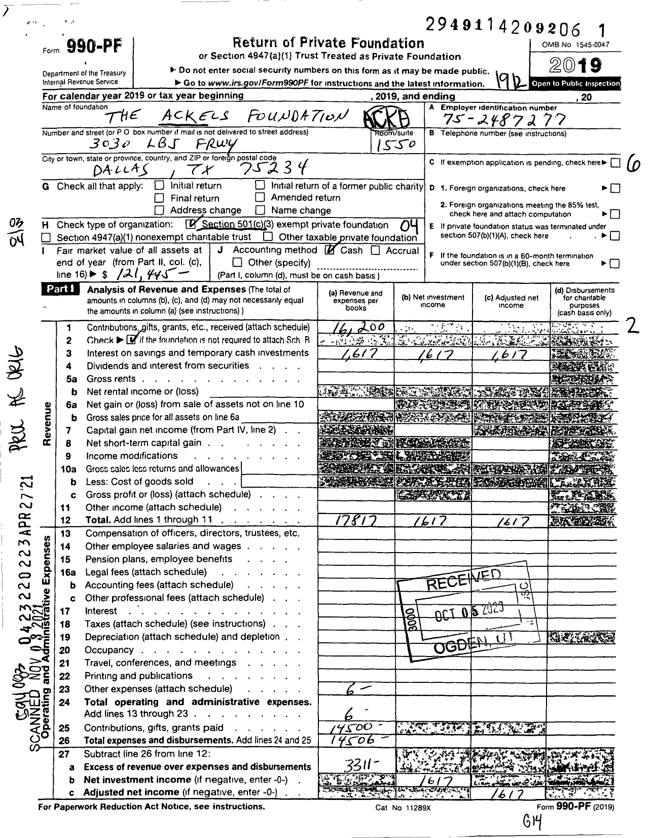 Image of first page of 2019 Form 990PF for The Ackels Foundation