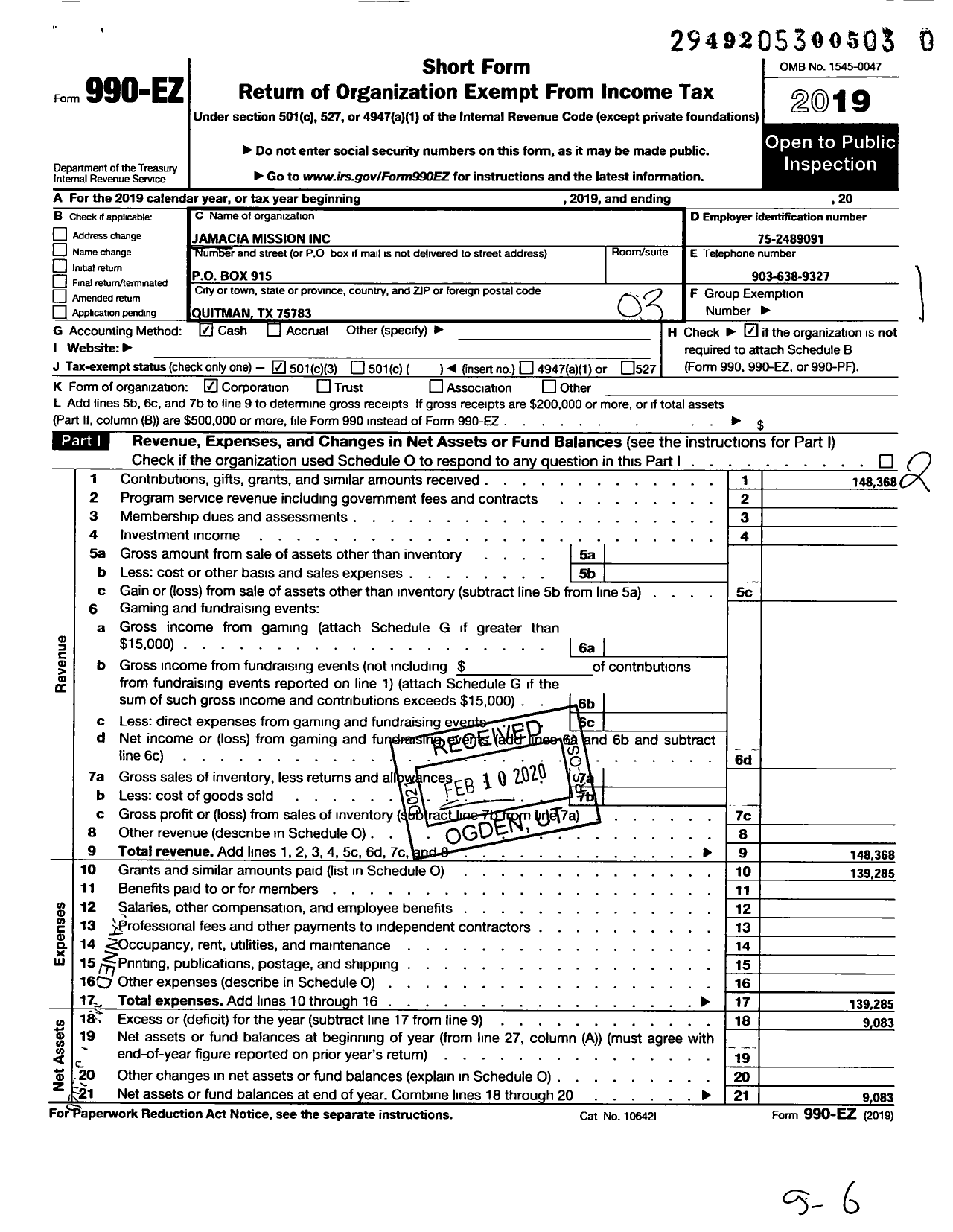 Image of first page of 2019 Form 990EZ for Jamacia Mission God's Hands Extended