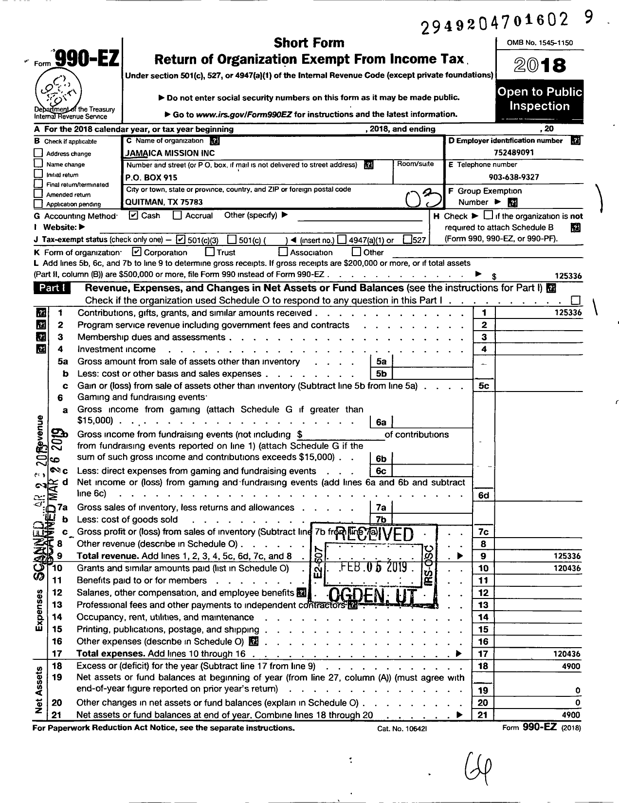 Image of first page of 2018 Form 990EZ for Jamacia Mission God's Hands Extended