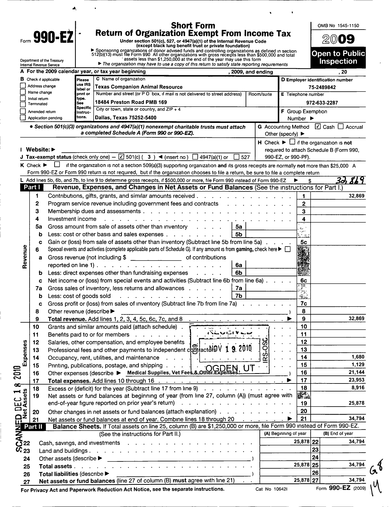 Image of first page of 2009 Form 990EZ for Texas Companion Animal Resource and Education Society