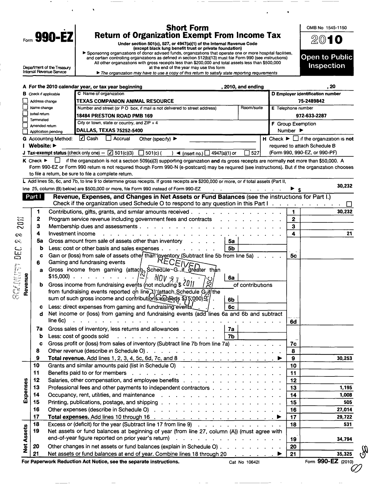 Image of first page of 2010 Form 990EZ for Texas Companion Animal Resource and Education Society