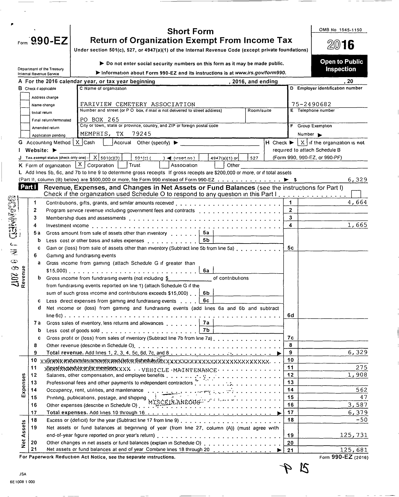 Image of first page of 2016 Form 990EZ for Fairview Cemetery Association