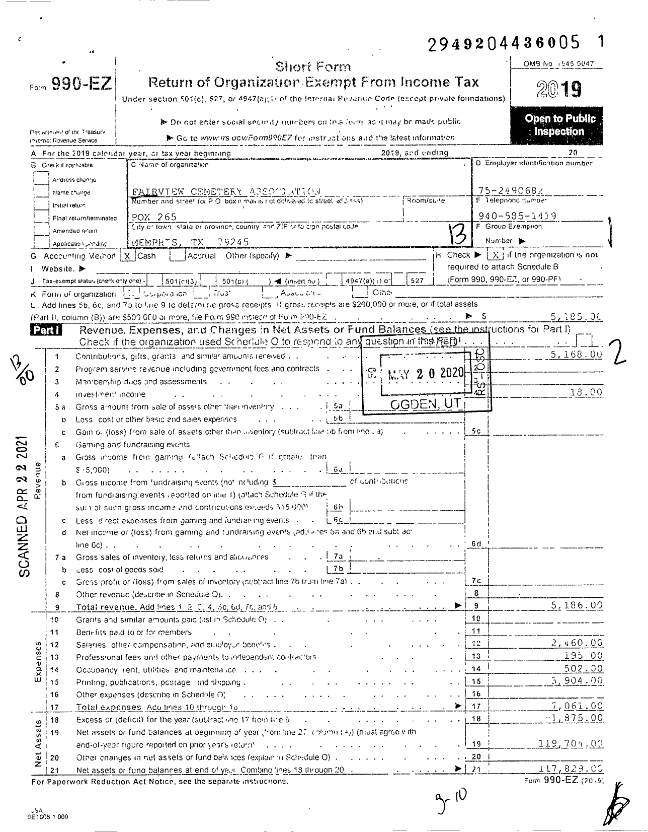 Image of first page of 2019 Form 990EO for Fairview Cemetery Association