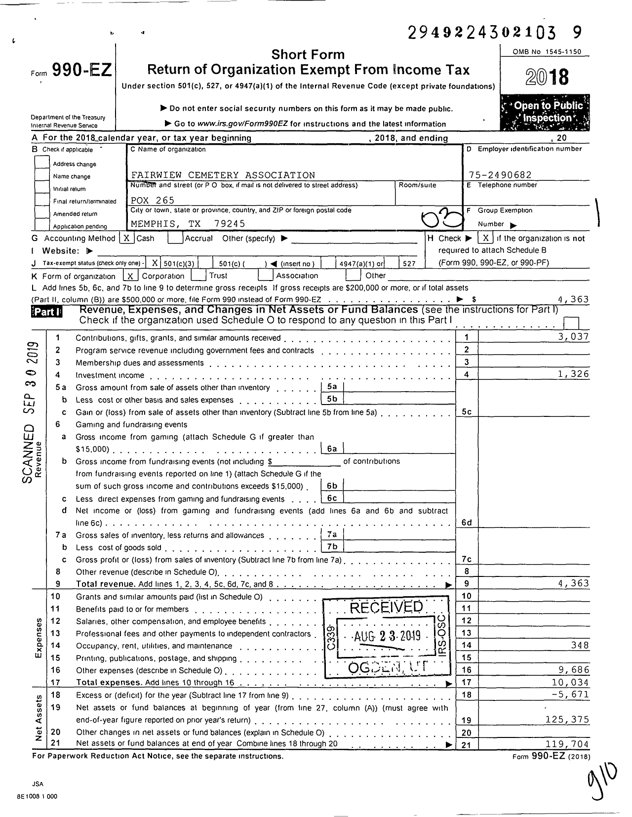 Image of first page of 2018 Form 990EZ for Fairview Cemetery Association