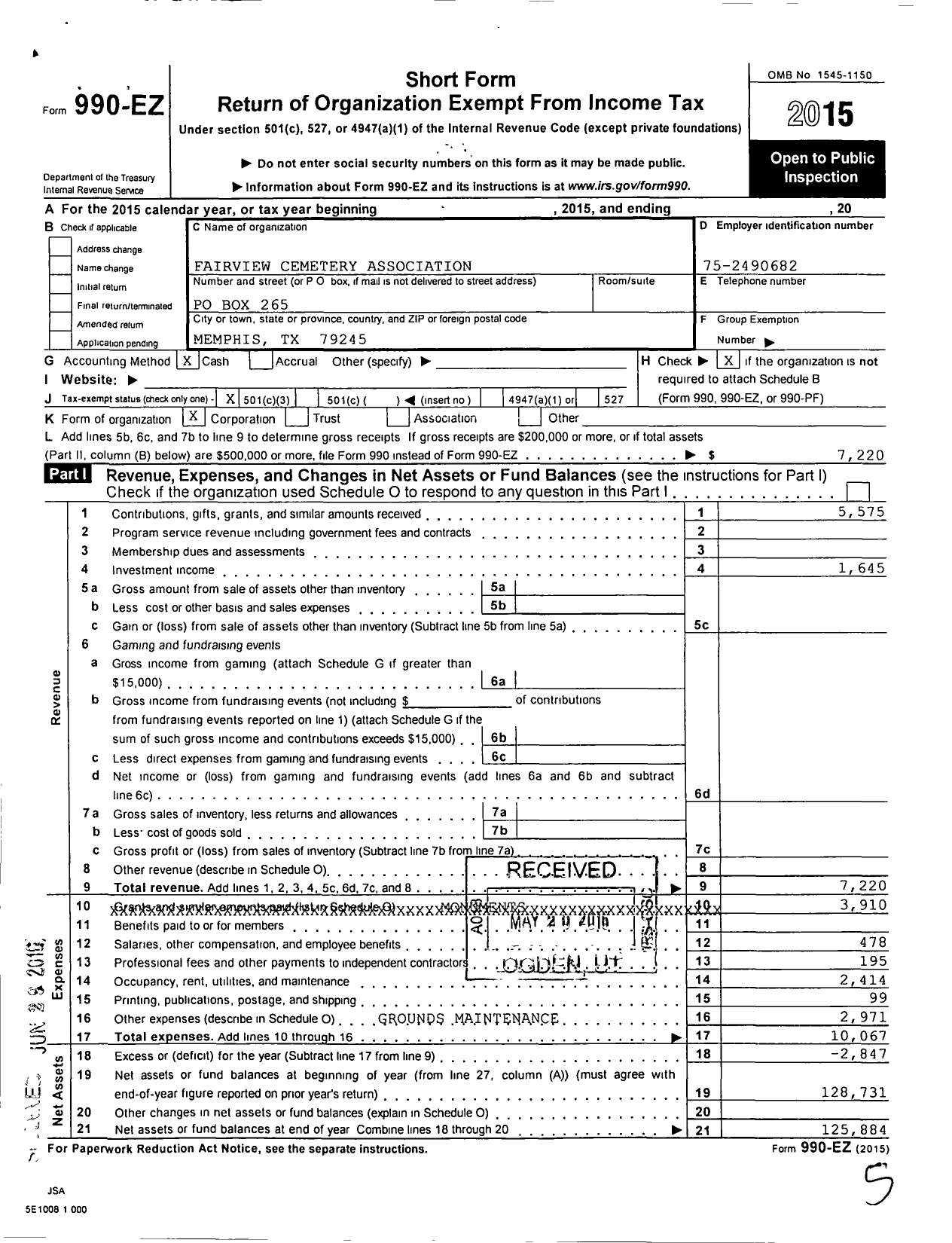 Image of first page of 2015 Form 990EZ for Fairview Cemetery Association