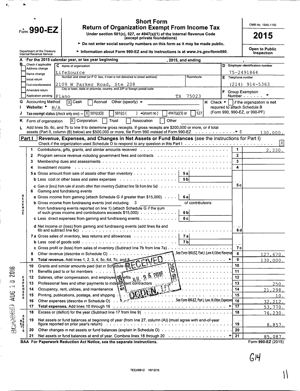 Image of first page of 2015 Form 990EZ for Plano Food Pantry