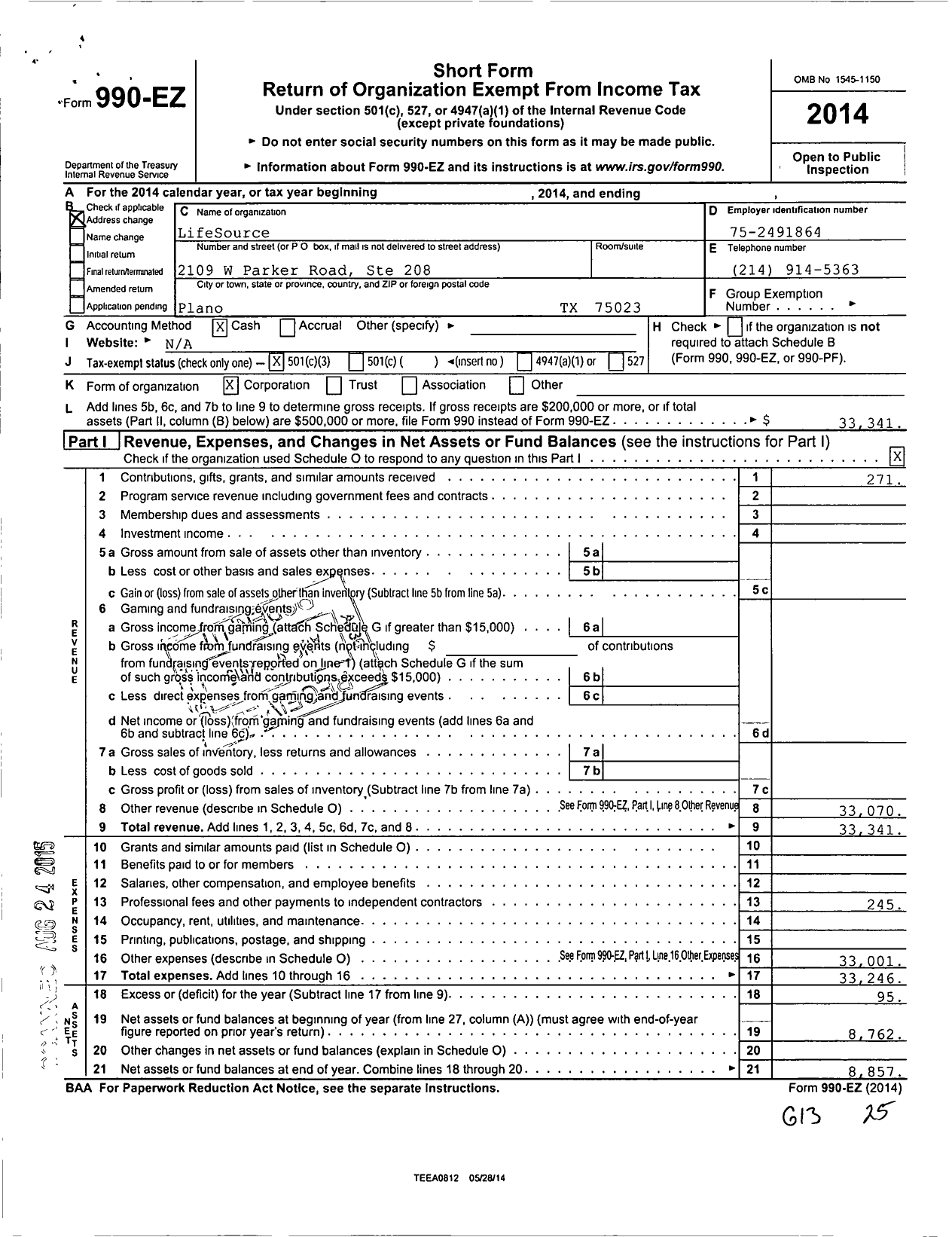 Image of first page of 2014 Form 990EZ for Plano Food Pantry