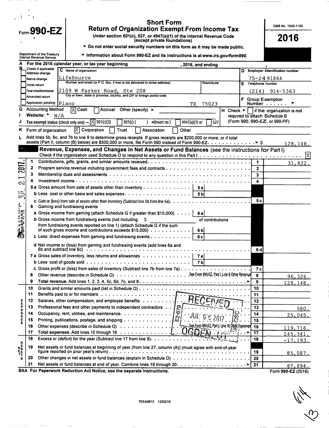 Image of first page of 2016 Form 990EZ for Plano Food Pantry