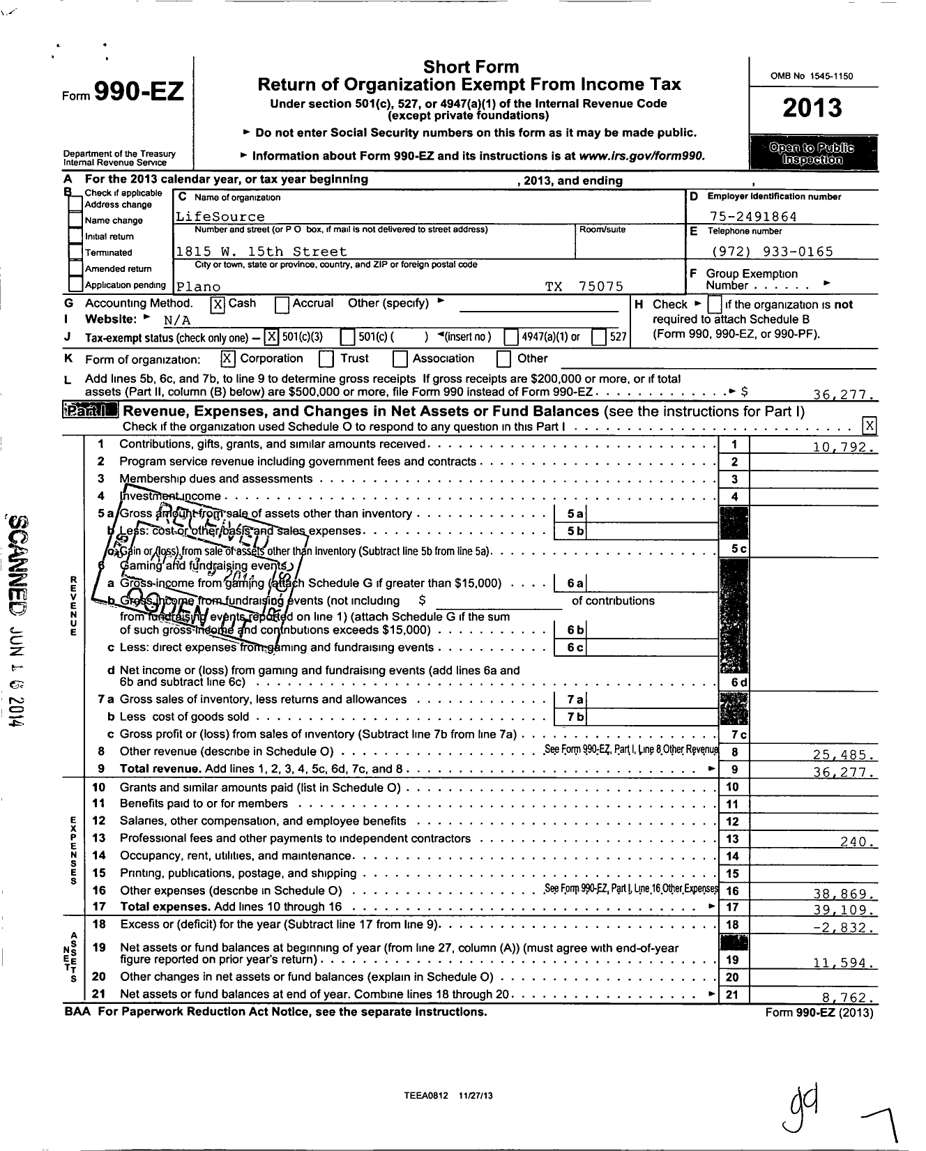 Image of first page of 2013 Form 990EZ for Plano Food Pantry