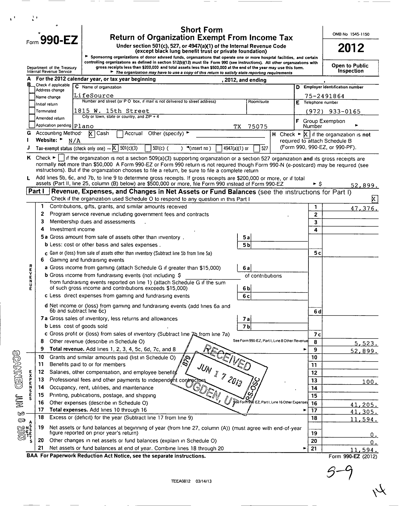 Image of first page of 2012 Form 990EZ for Plano Food Pantry