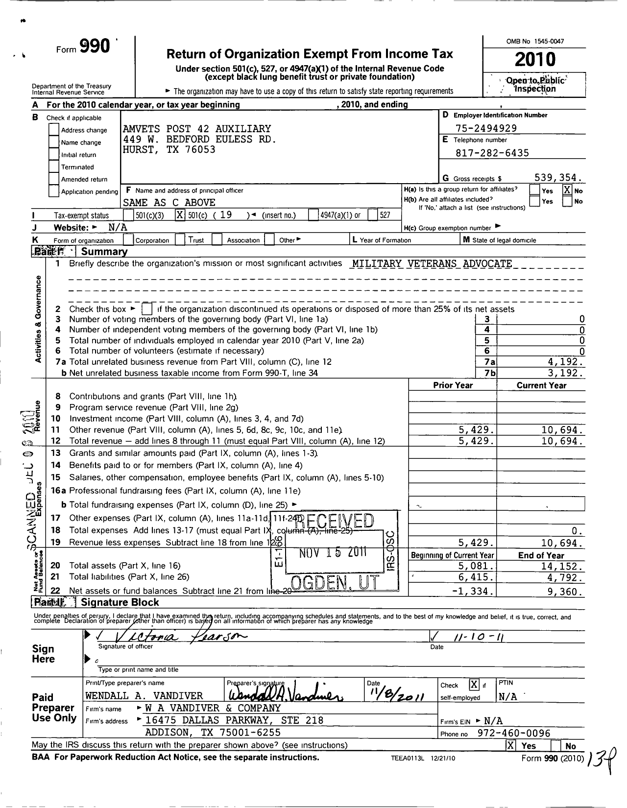 Image of first page of 2010 Form 990O for Amvets - 42