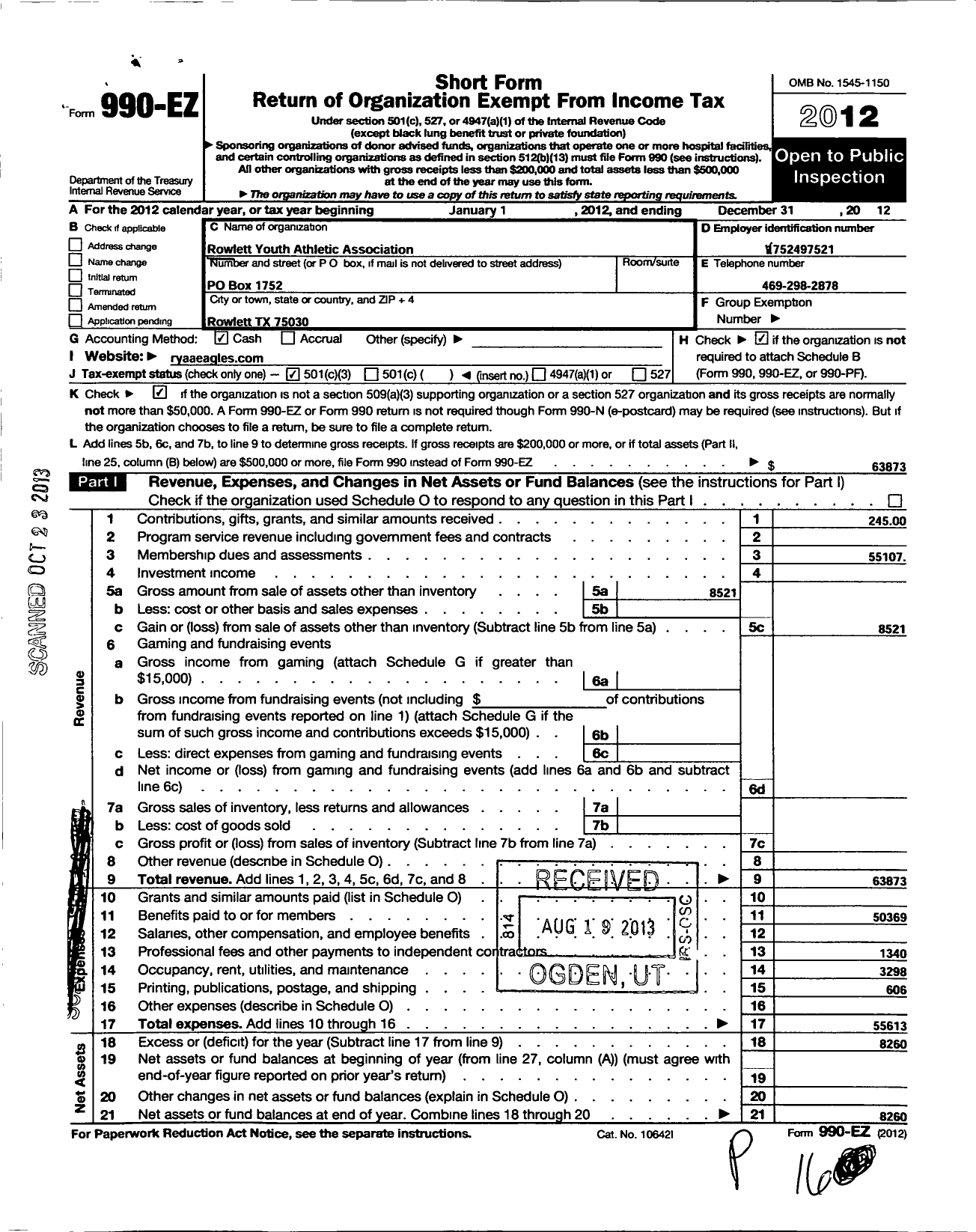 Image of first page of 2012 Form 990EZ for Rowlett Youth Athletic Association