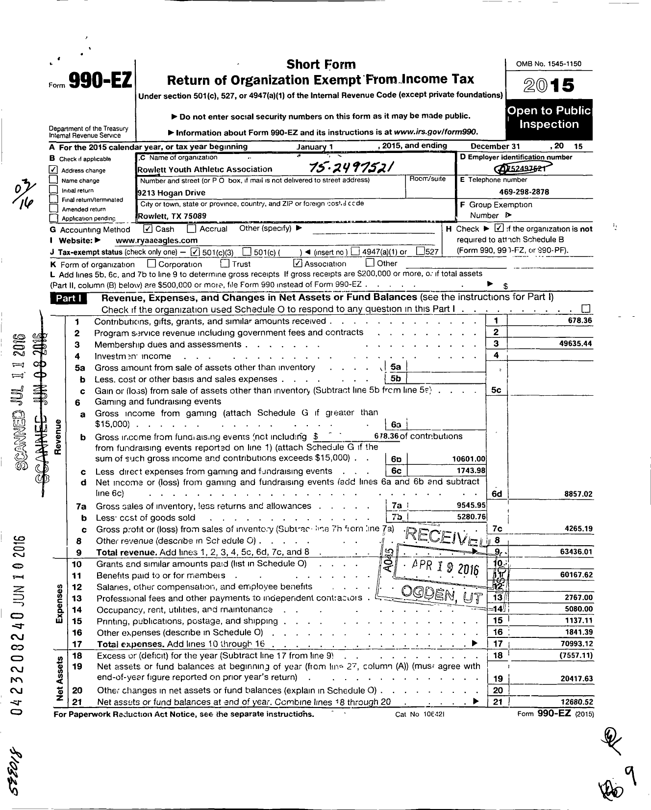 Image of first page of 2015 Form 990EZ for Rowlett Youth Athletic Association