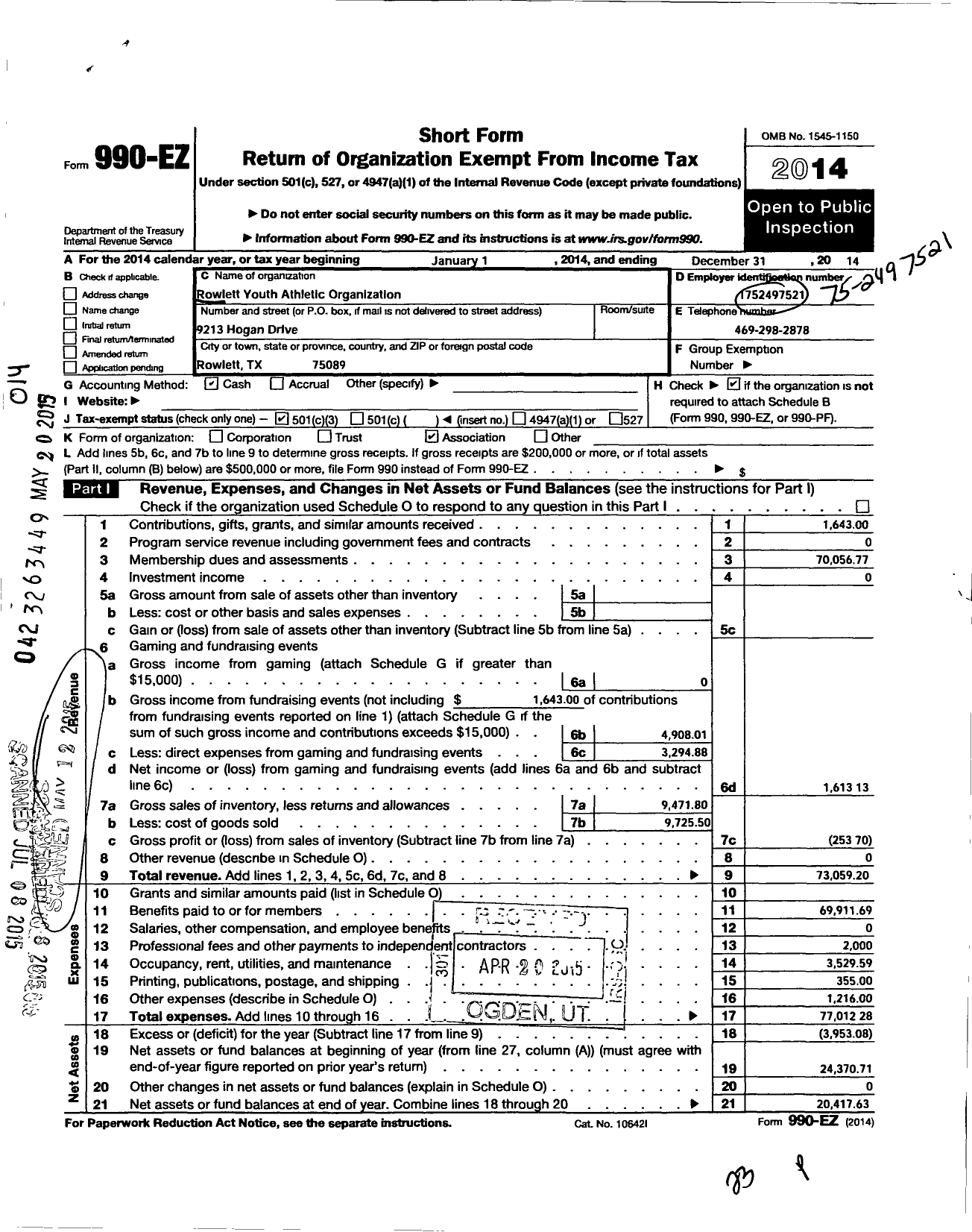 Image of first page of 2014 Form 990EZ for Rowlett Youth Athletic Association