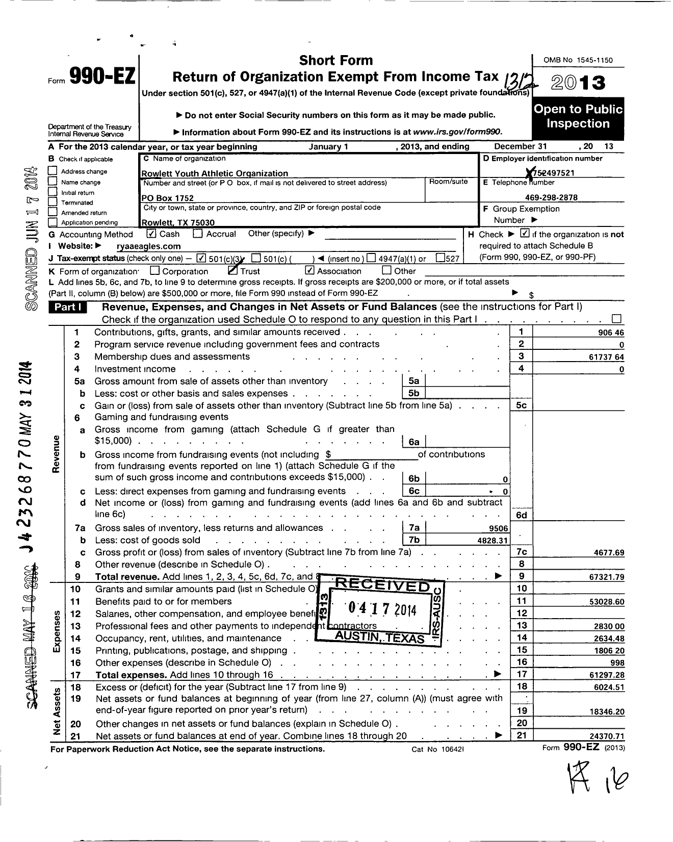 Image of first page of 2013 Form 990EZ for Rowlett Youth Athletic Association