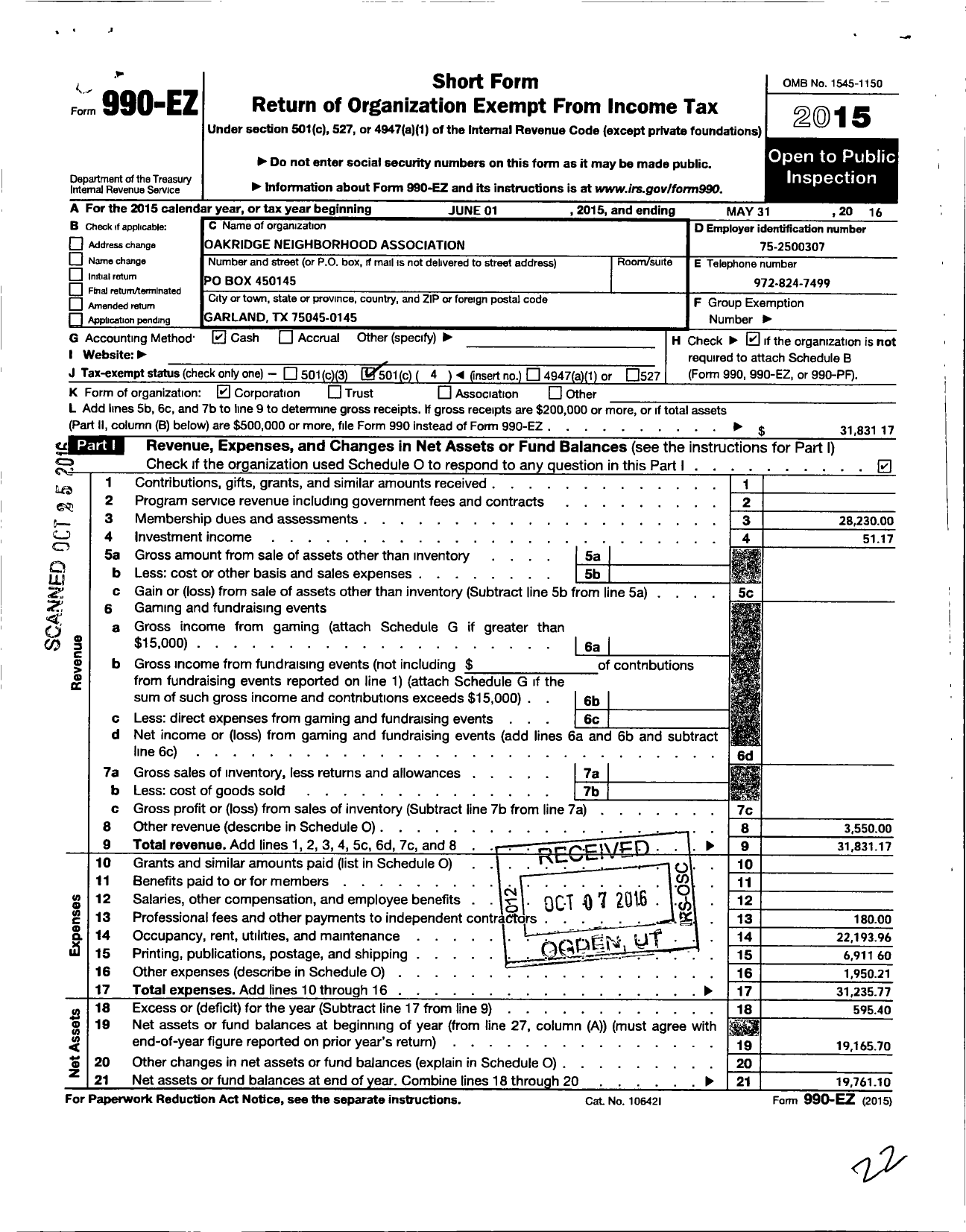 Image of first page of 2015 Form 990EO for Oakridge Neighborhood Association