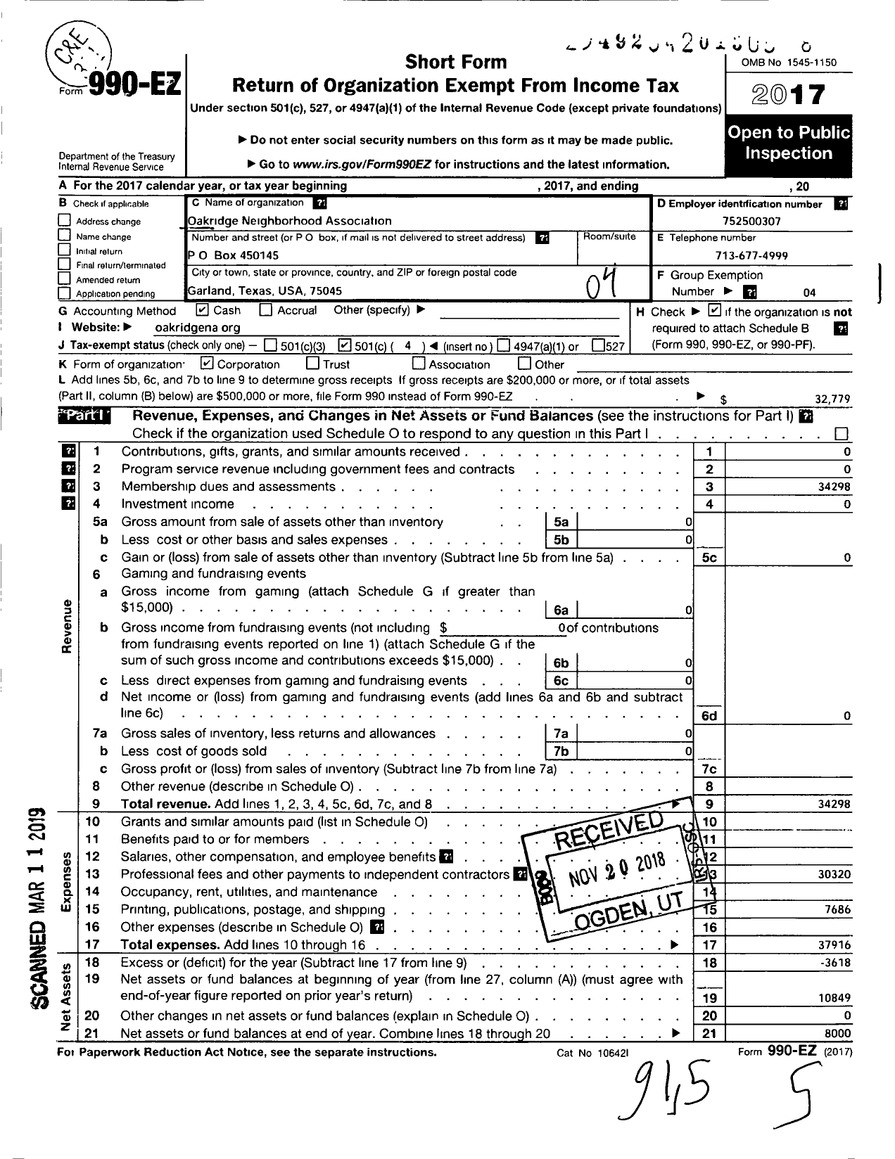 Image of first page of 2017 Form 990EO for Oakridge Neighborhood Association