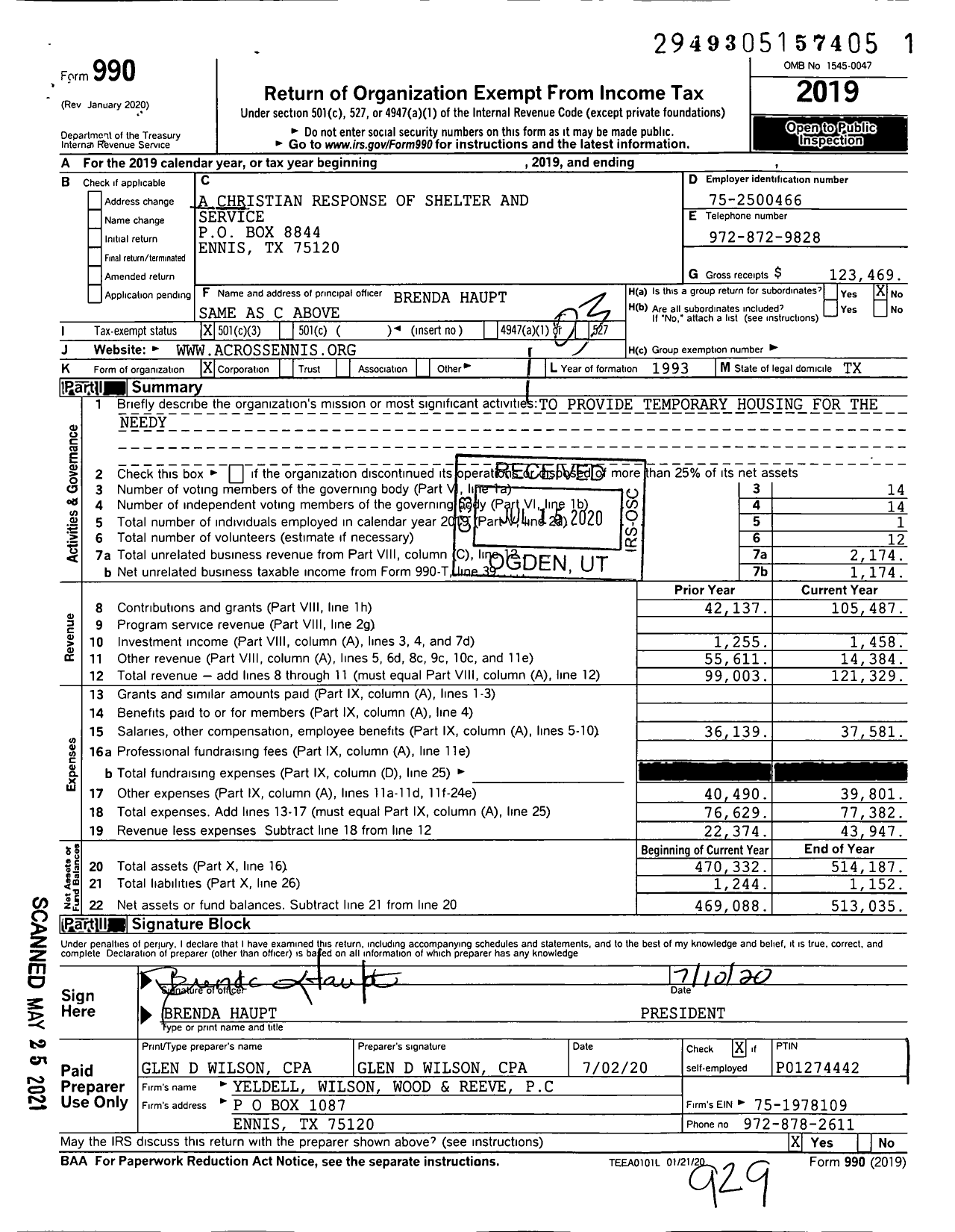 Image of first page of 2019 Form 990 for A Christian Response of Shelter And Service