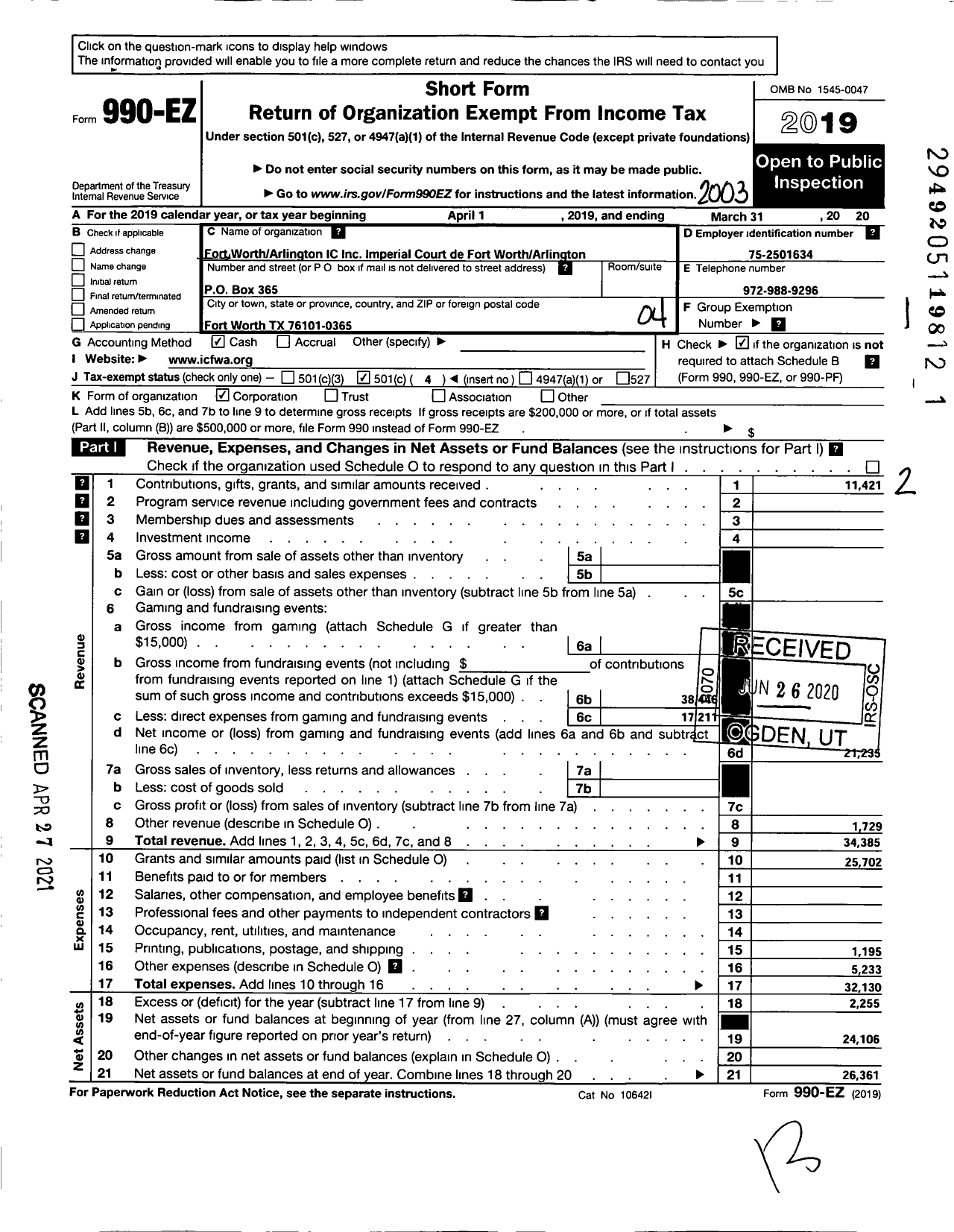 Image of first page of 2019 Form 990EO for Imperial Court de Fort Worth Arlington